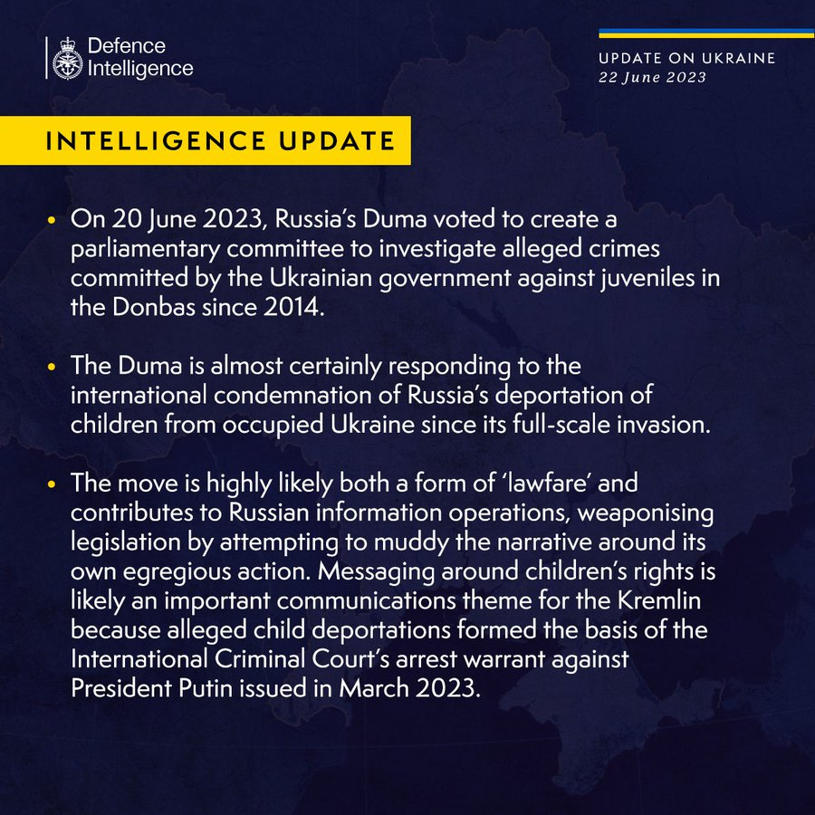Latest Defence Intelligence update on the situation in Ukraine - 22 June 2023.