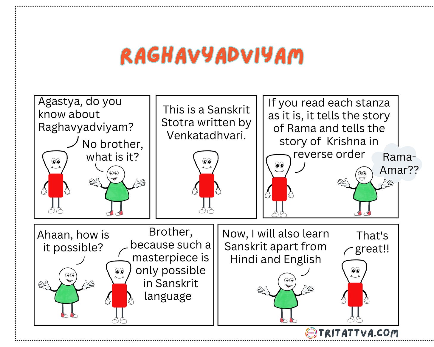 TriTattva's comic strip which tells about the unique Sanskrit poem Raghavyadviyam. It tells the story of Rama and Krishna together.