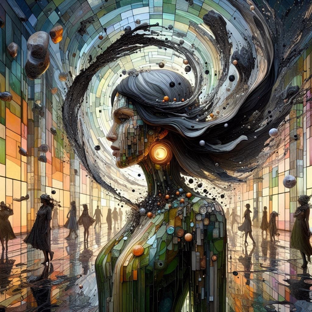 inside glass structure; 5d angle glass embedded Altgeld hall building/ Broken into fragments/ woman; in front of  Altgeld hall in olive, chartrues, dress /collar made of black water in resin/long black hair falling into her face. coral orange, pink, cream, olive address/earrings made of moons aglow/ reverberating waves. black hole in floor/ water in resin verdigris./ standing on stage/ In the style of Michael Parkes. black etching/ black linework/ white tiger / black sky 