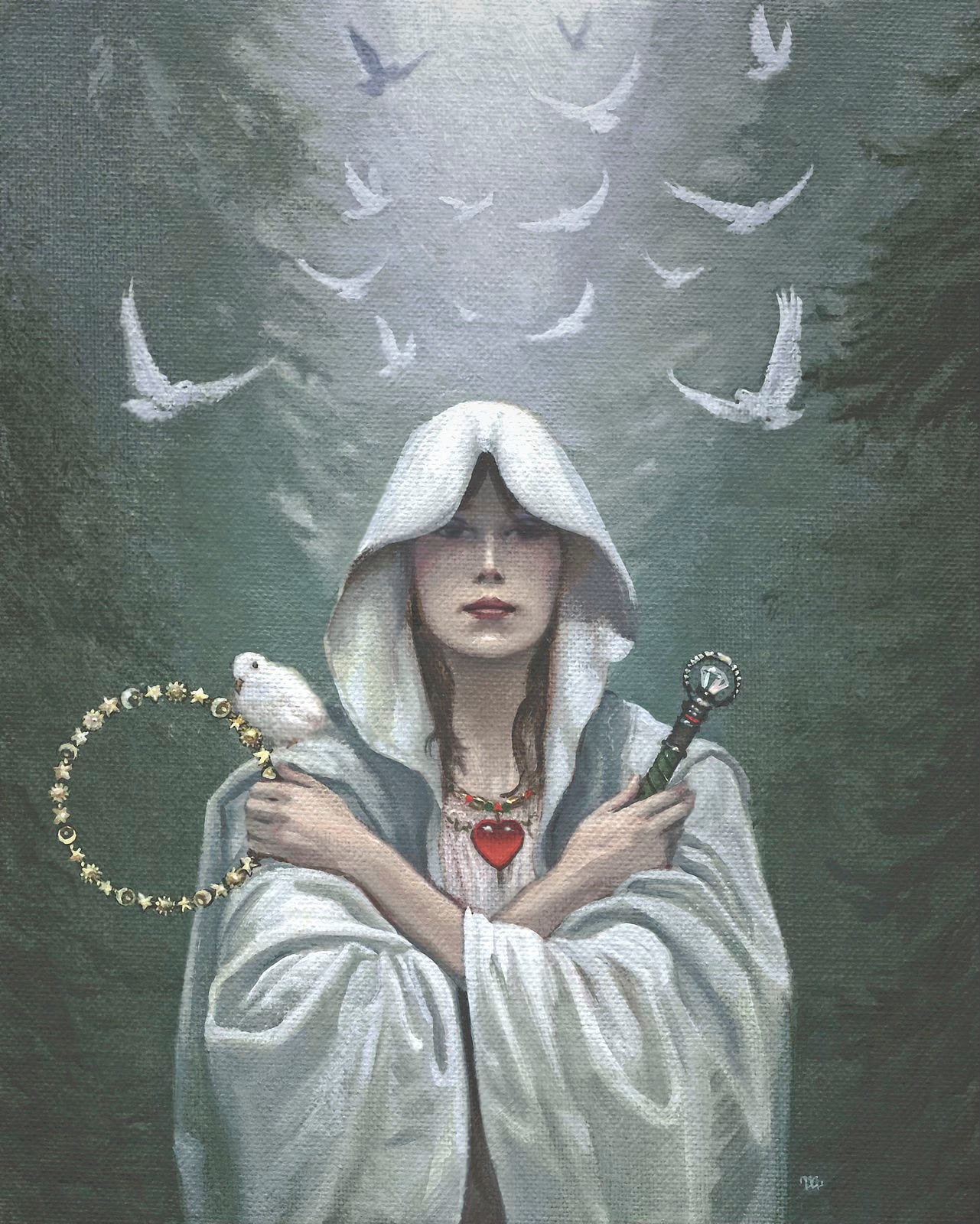 A woman in white robes with the hood drawn up crosses her arms in front of her as a flight of doves flutter overhead. Strands of her dark red hair hand down her forehead and along her neck, but are mostly obscured by the cloth. In one hand, she holds a ring made of astronomical symbols (sun, moon, stars). In the other a rod capped with a large diamond framed within a metal ring. From a gold chain on her neck hangs a red glass heart. The background is hazy gray and brighter above her. On closer examination, the branches of evergreens become apparent at the sides of the panel.