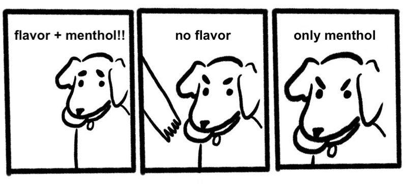 No take, only throw dog cartoon meme: The first panel reads "flavor + menthol", the second "no flavor", the third "only menthol"