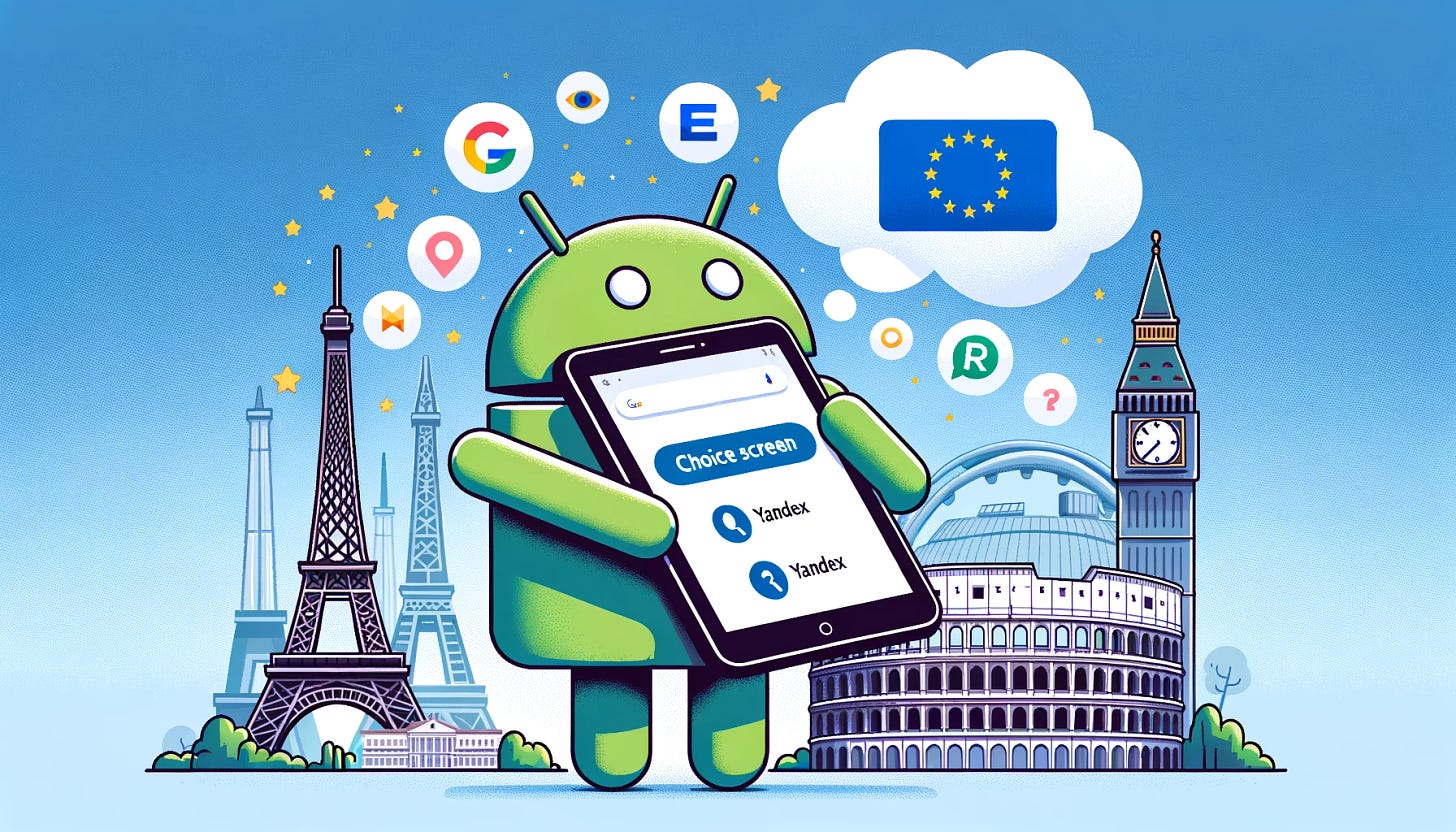 Vector image of a large Android mascot holding a tablet displaying the correctly spelled 'choice screen'. Various search engine icons, including Yandex, are floating around it. In the background, prominent European landmarks such as the Eiffel Tower and Colosseum are visible. A thought bubble from the mascot shows the European Parliament building with a caution sign.