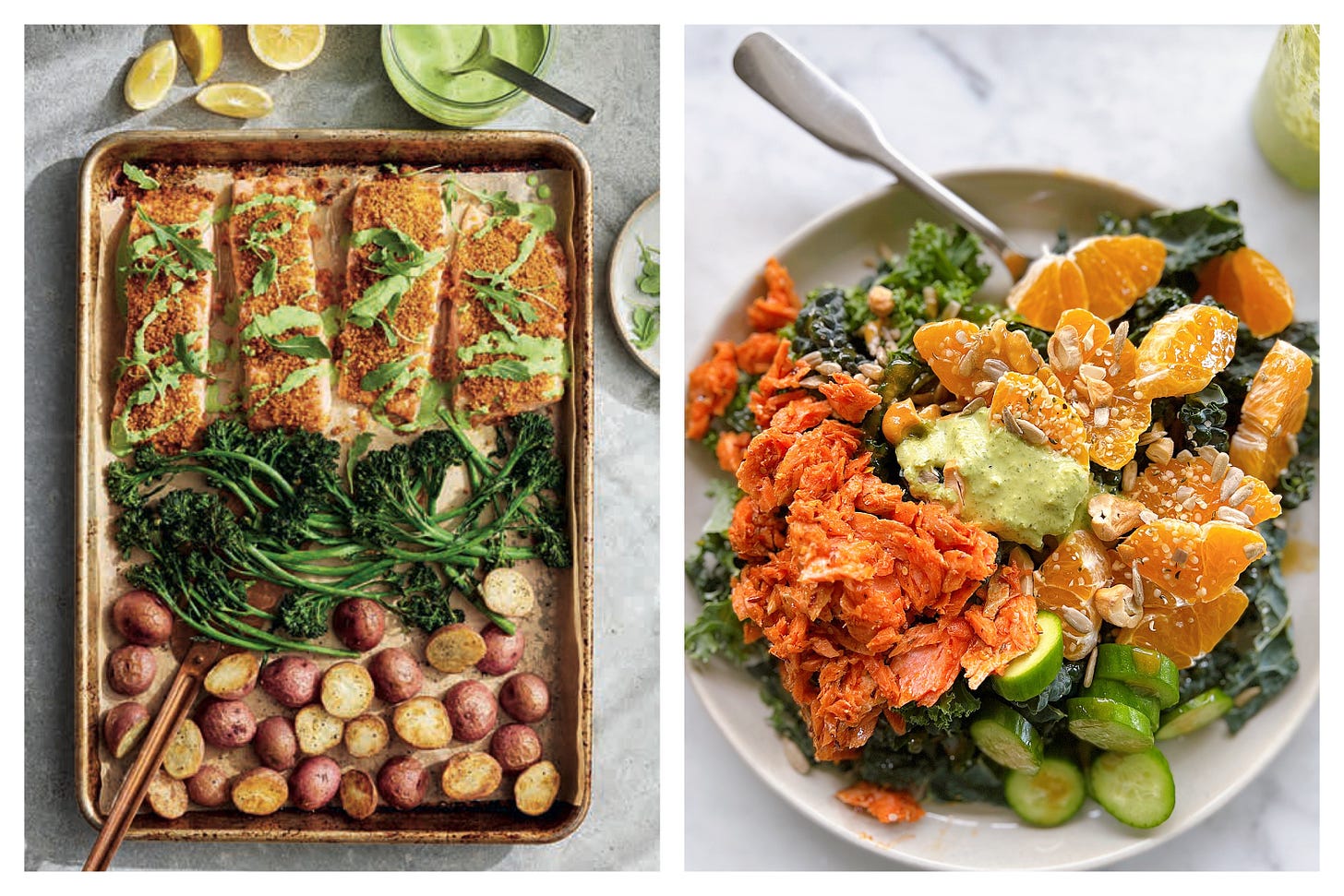 Image 1: crispy salmon with green goddess and broccolini, image 2: chili salmon salad
