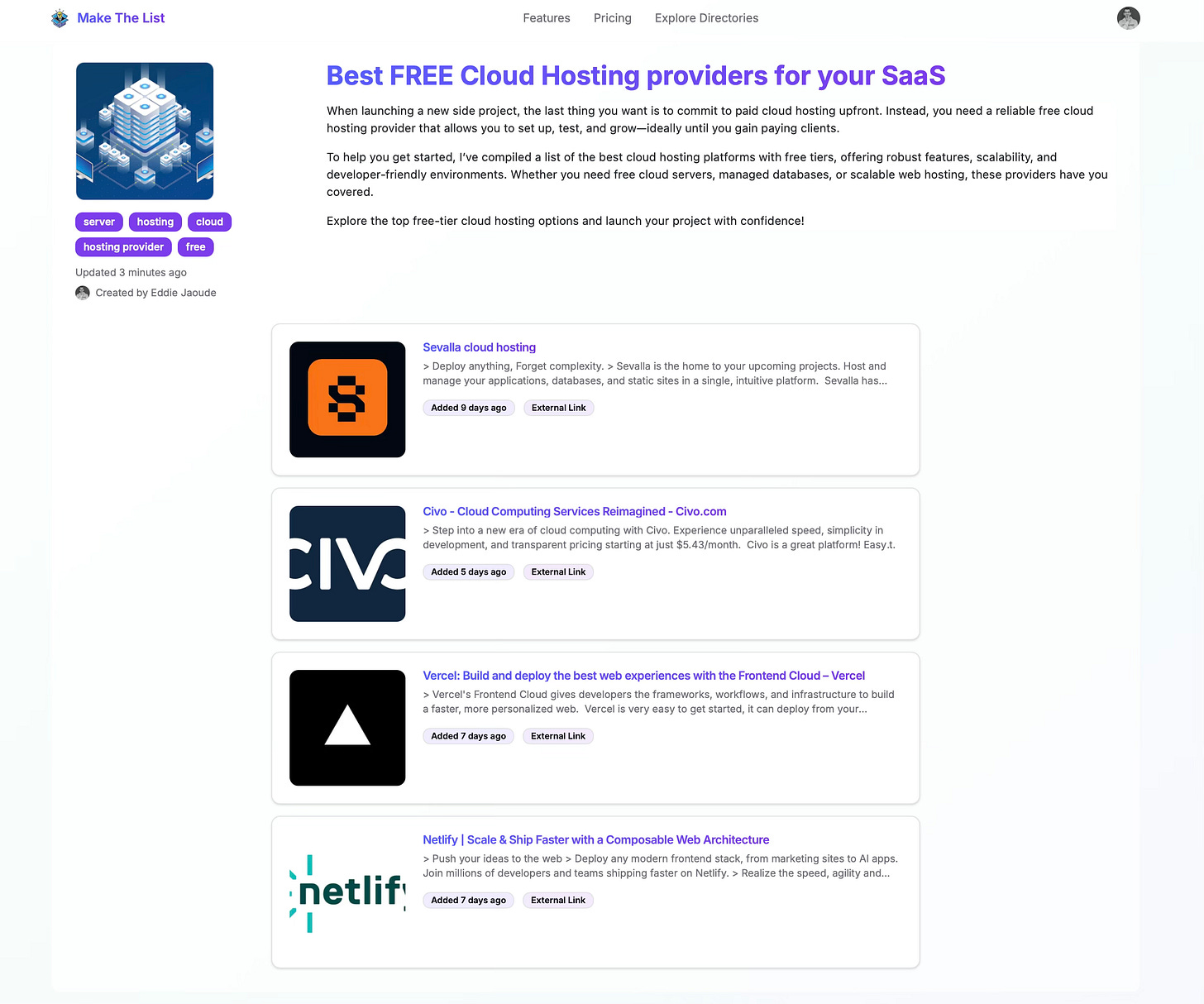 Free cloud hosting providers directory on MakeTheList