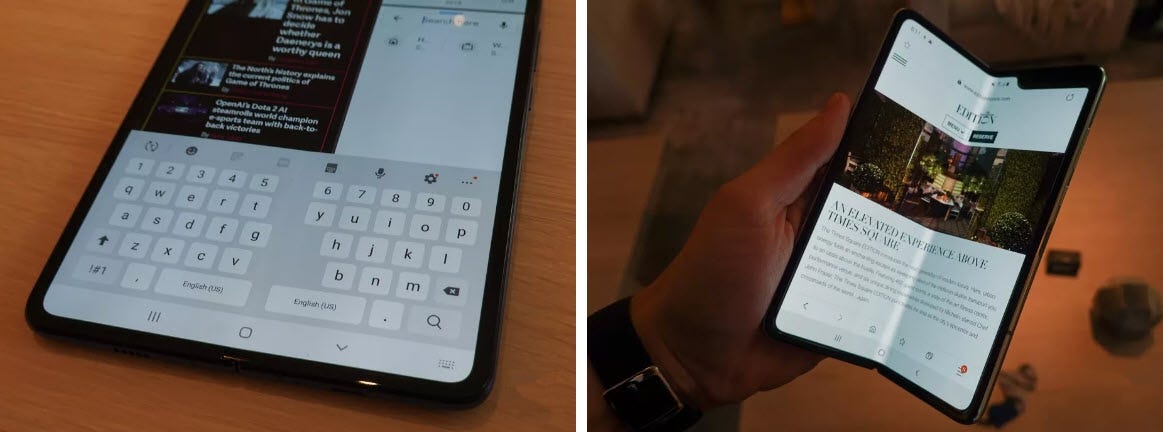 Samsung Galaxy Fold open in tablet mode and folded for reading mode.