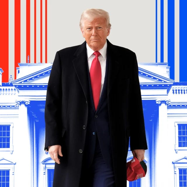 President Trump in a suit, holding a red cap in front of graphic of White House with red and blue vertical lines on either side.