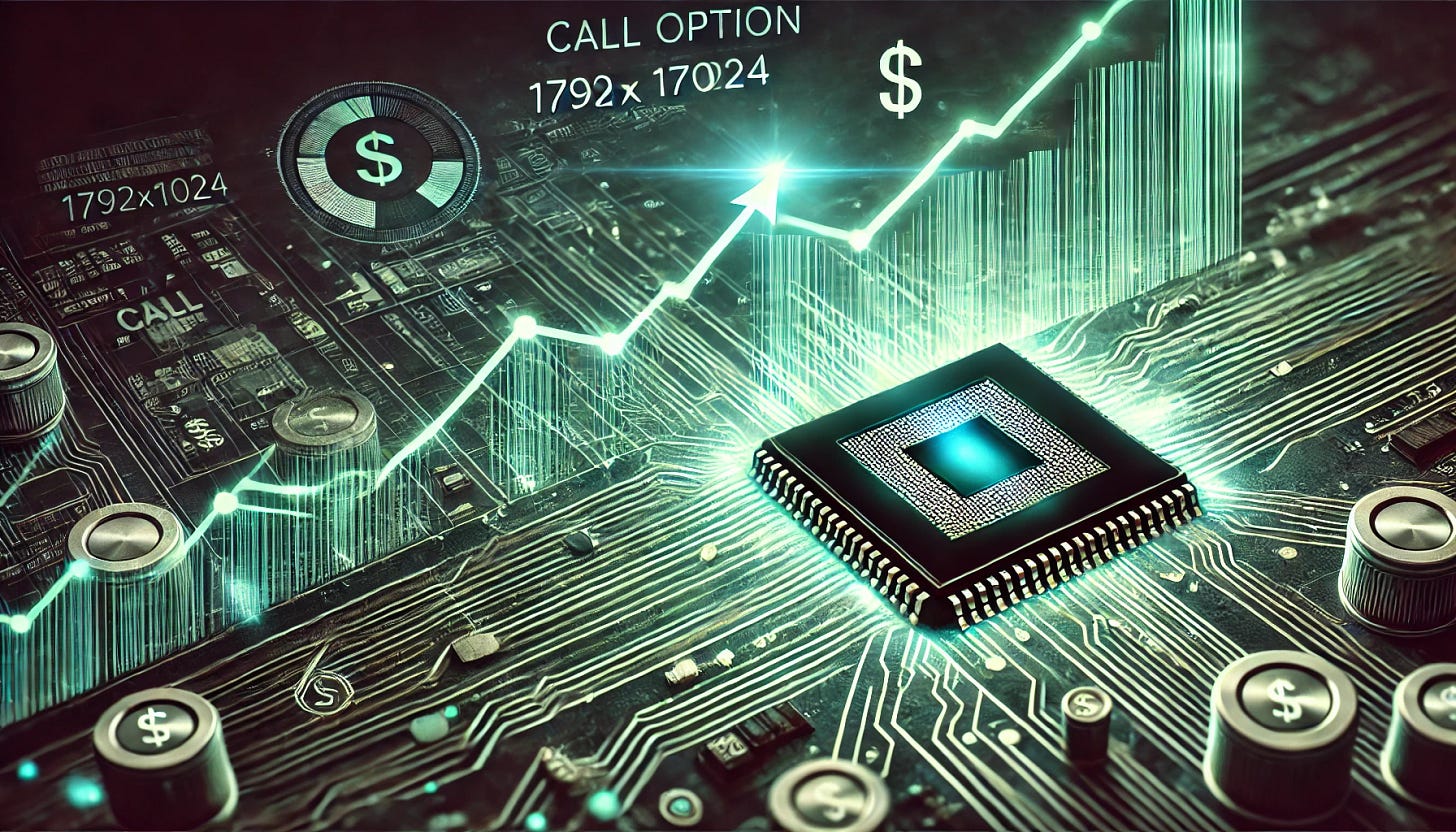 A visually striking rectangular illustration (1792x1024) representing the concept of a bullish options bet on a semiconductor (chip) stock. The image features a futuristic stock market graph rising steeply, with glowing green candlesticks indicating upward movement. In the foreground, a glowing semiconductor chip is prominently displayed, symbolizing the industry, with circuit-like patterns radiating outward. A subtle overlay of financial symbols, such as call option icons and dollar signs, floats around the graph and chip to emphasize the trading theme. The color scheme uses greens and blues to reflect a bullish and technological vibe.