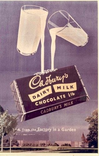 A vintage ad for Cadbury's Dairy Milk showing a glass and a half of milk being poured directly into a chocolate bar.