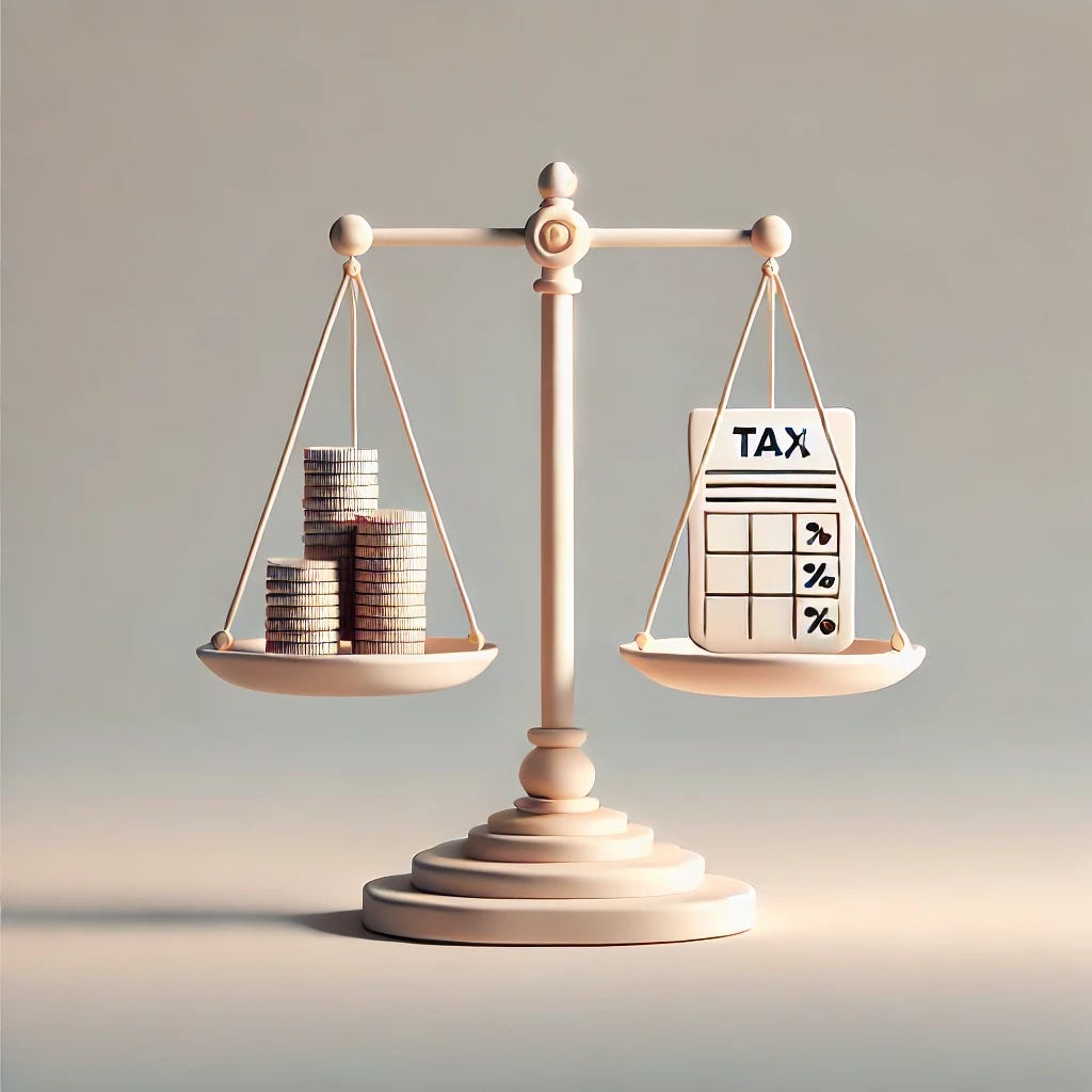 A minimalist illustration representing tax policy. The image shows a balance scale with a stack of coins on one side and a tax form on the other side, symbolizing the balance between taxation and income. The background is simple with soft gradients and no text, providing a clean, modern, and neutral look. The design focuses on simplicity, representing the complexities of tax policy in a visually clear way.