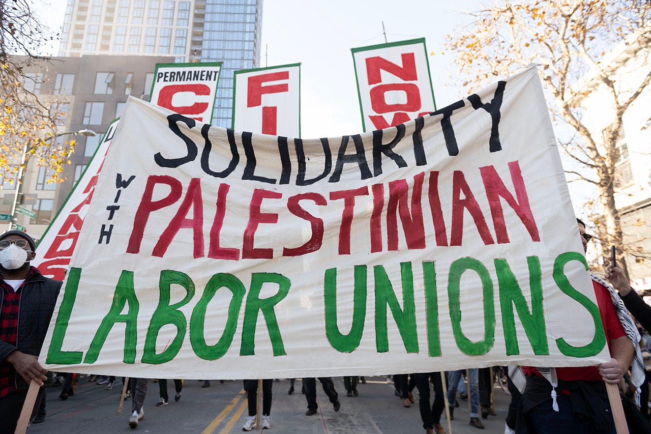 Protesters hold aloft a large banner that reads "Solidarity With Palestinian Labor Unions"