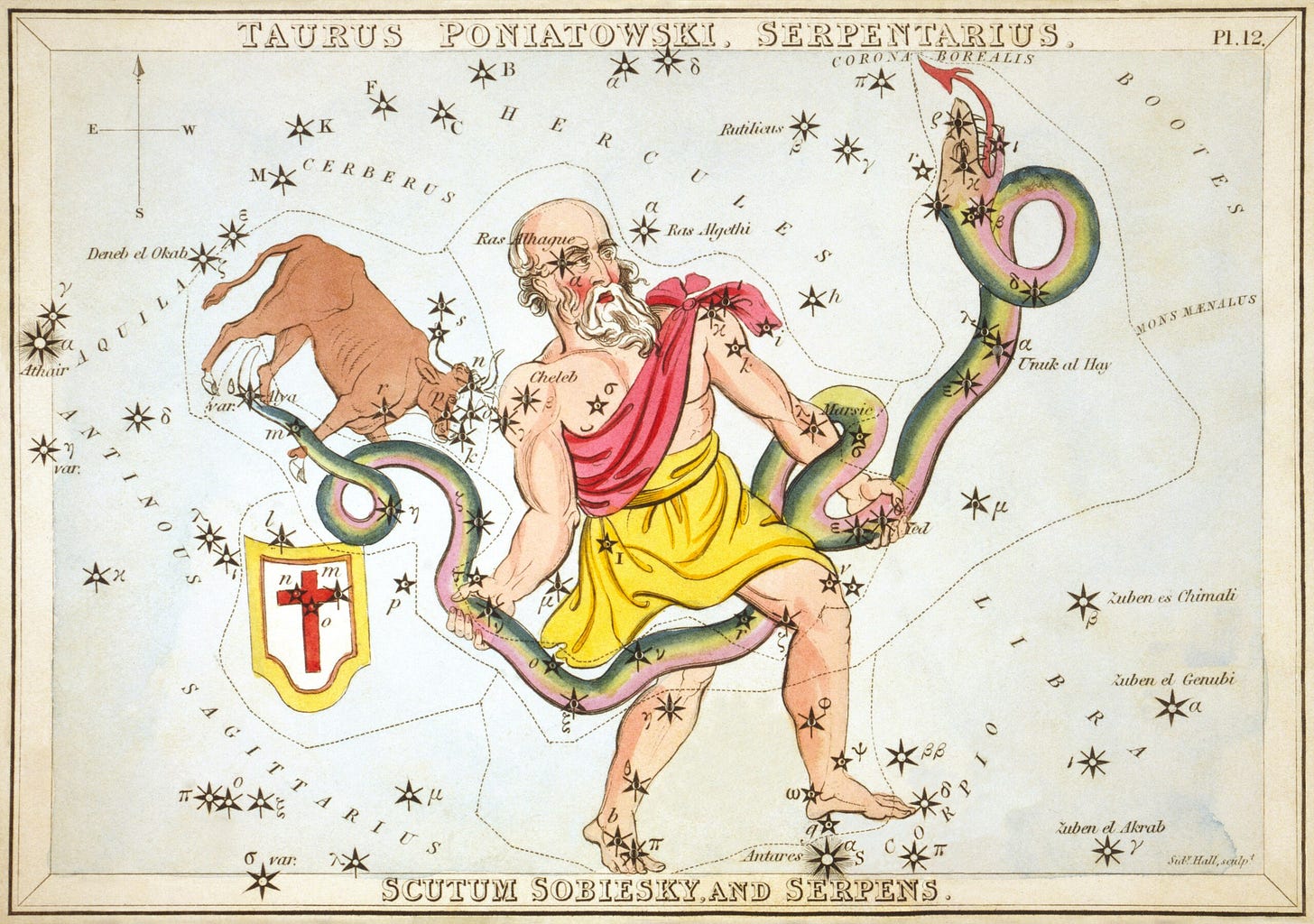 Ophiuchus holding the serpent, Serpens, as depicted in Urania's Mirror, a set of constellation cards published in London c. 1825. Above the tail of the serpent is the now-obsolete constellation Taurus Poniatovii while below it is Scutum.