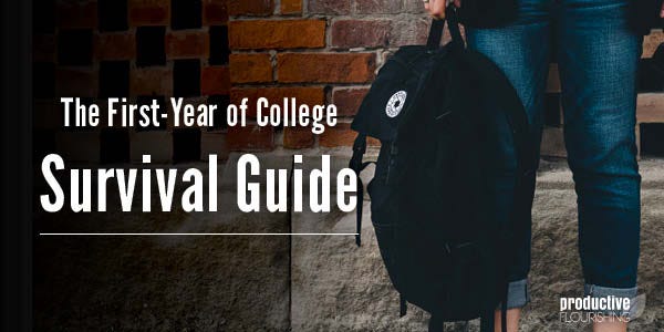 Person in jeans holding a black backpack. Text overlay: The First-Year of College Survival Guide