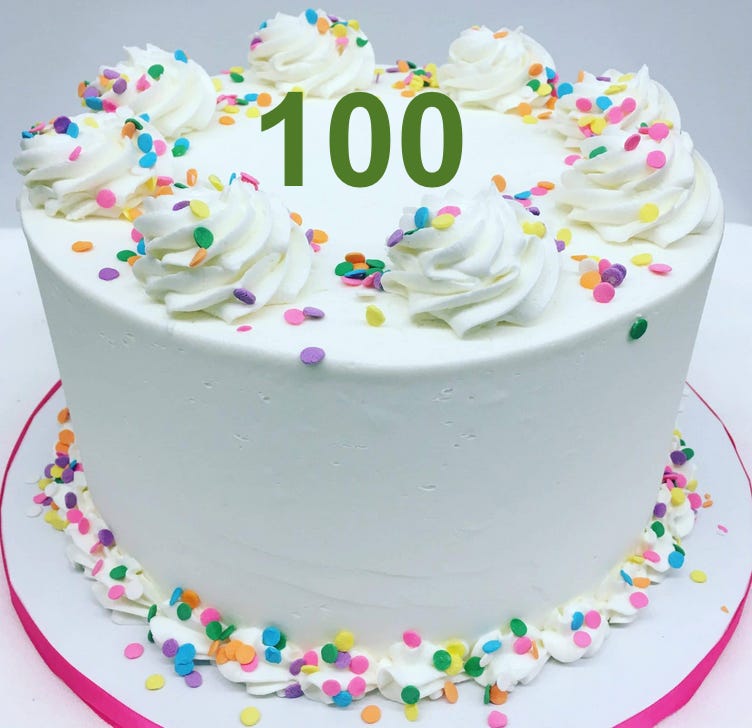 A stock image of a birthday cake with white frosting and rainbow sprinkles; the number "100" has been added in green text
