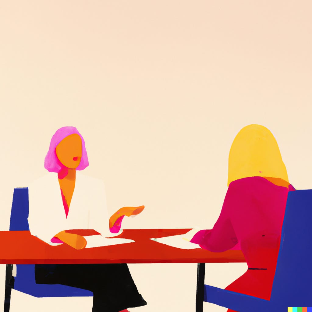 Brightly colored digital illustration of a female job candidate in a one-on-one interview with hiring manager, seated at table, in an abstract minimalist style.