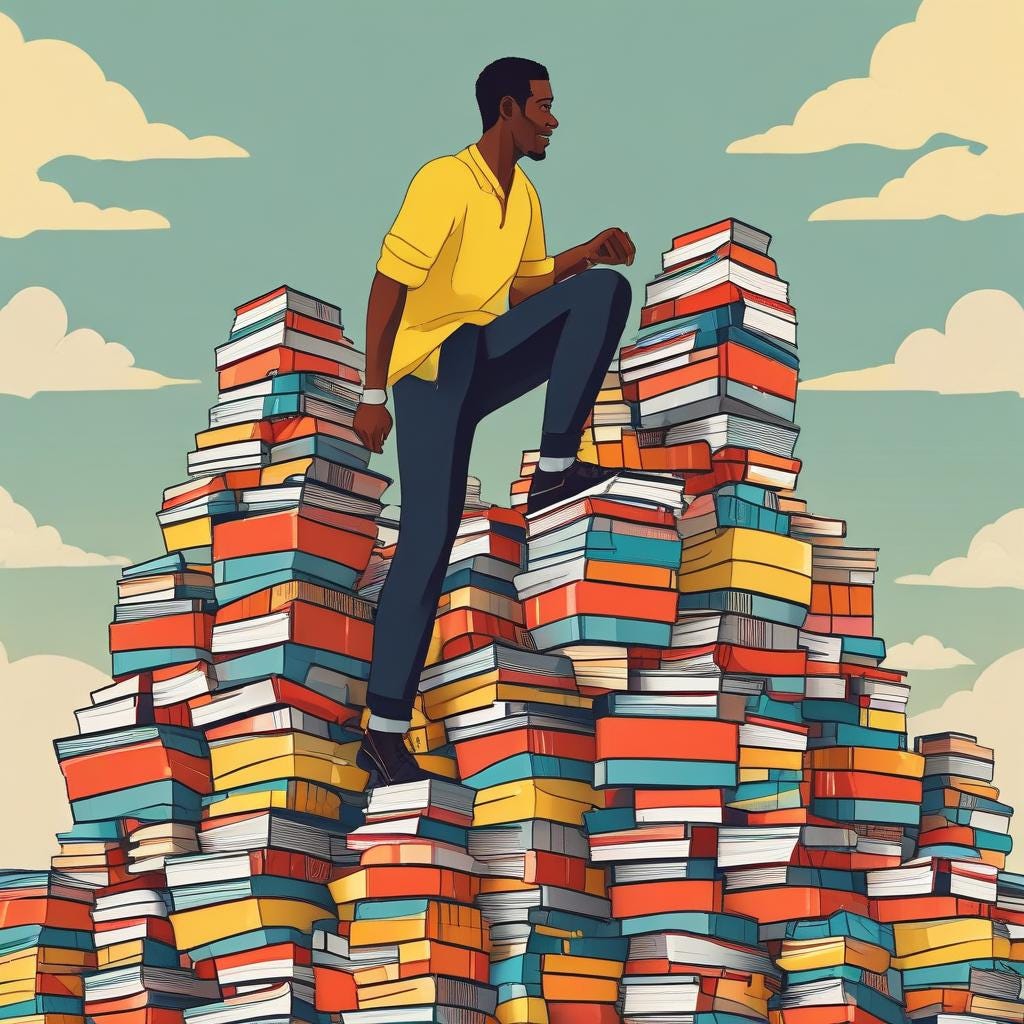 Product Breaks Article "Climbing the Mountain of Product Literature" Image of man climbing mountain of books in yellow t-shirt