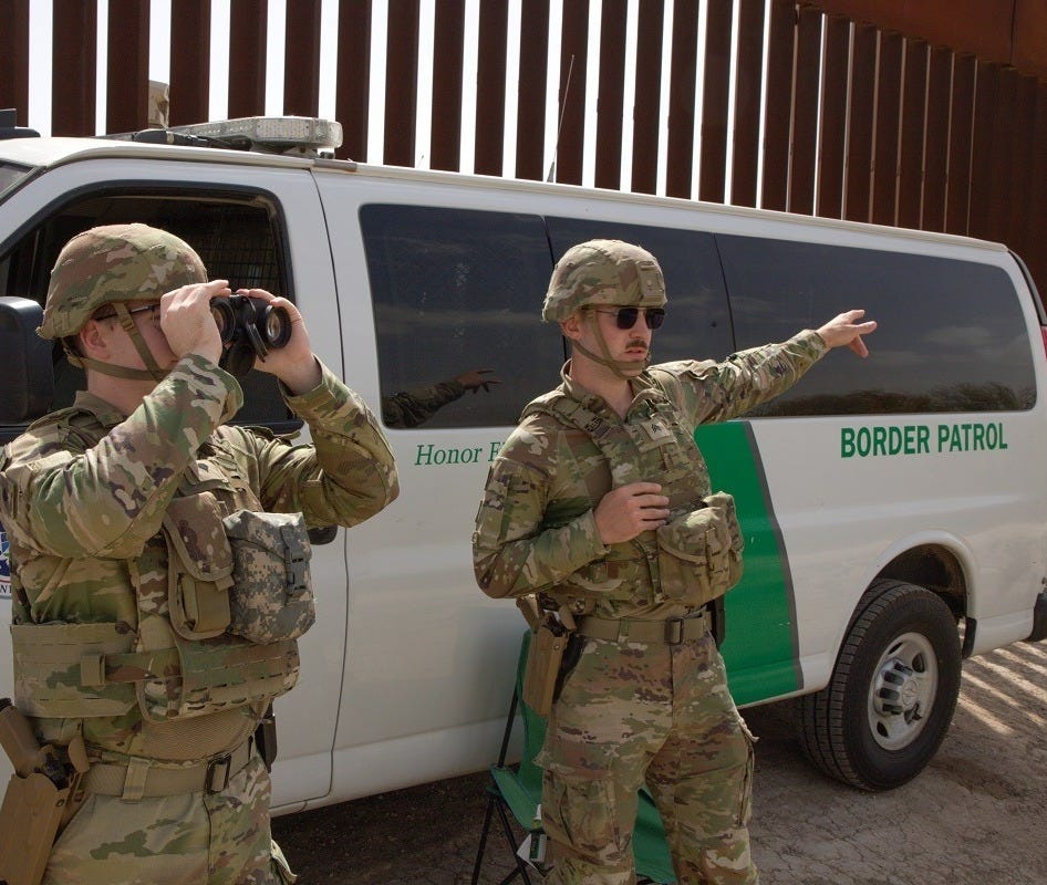 US Troops assigned to the US Southern Border assist the Border Patrol with surveillance along the border wall US Troops assigned to the US Southern Border assist the Border Patrol with surveillance along the border wall
