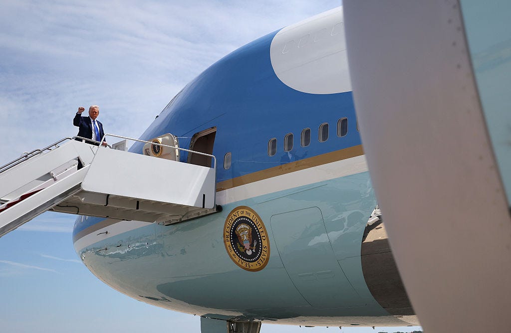 JOINT BASE ANDREWS, MARYLAND - MAY 12: U.S. President Donald Trump boards Air Force One on May 12, 2025, at Joint Base Andrews, Maryland. President Trump is traveling to Saudi Arabia, the first stop on his four-day Middle East visit and the first international trip of his second term. (Photo by Win McNamee/Getty Images) JOINT BASE ANDREWS, MARYLAND - MAY 12: U.S. President Donald Trump boards Air Force One on May 12, 2025, at Joint Base Andrews, Maryland. President Trump is traveling to Saudi Arabia, the first stop on his four-day Middle East visit and the first international trip of his second term. (Photo by Win McNamee/Getty Images)