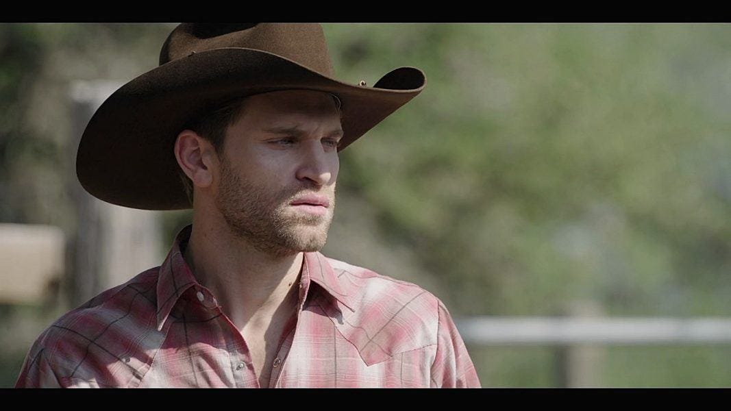 Keegan Allen looking hungrily at Jared Padalecki bulge on Walker set for bareback climax scene with horses.