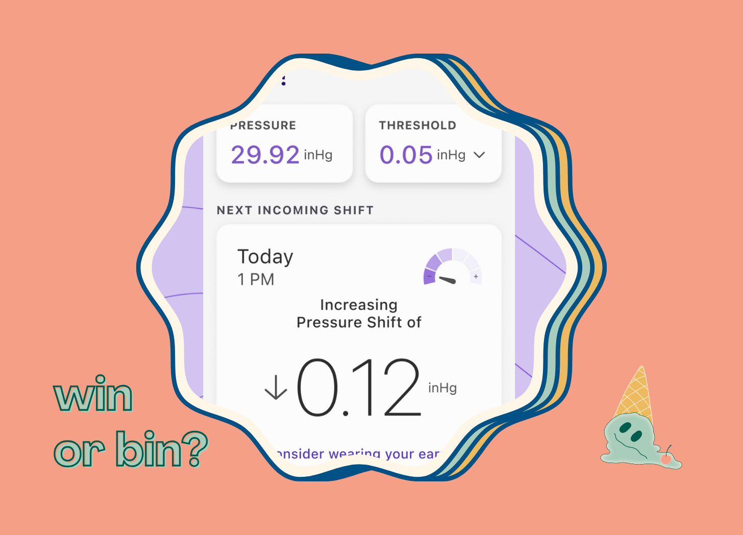 Win or Bin? Screenshot of WeatherX app next to melting ice cream cone emoji Win or Bin? Screenshot of WeatherX app next to melting ice cream cone emoji