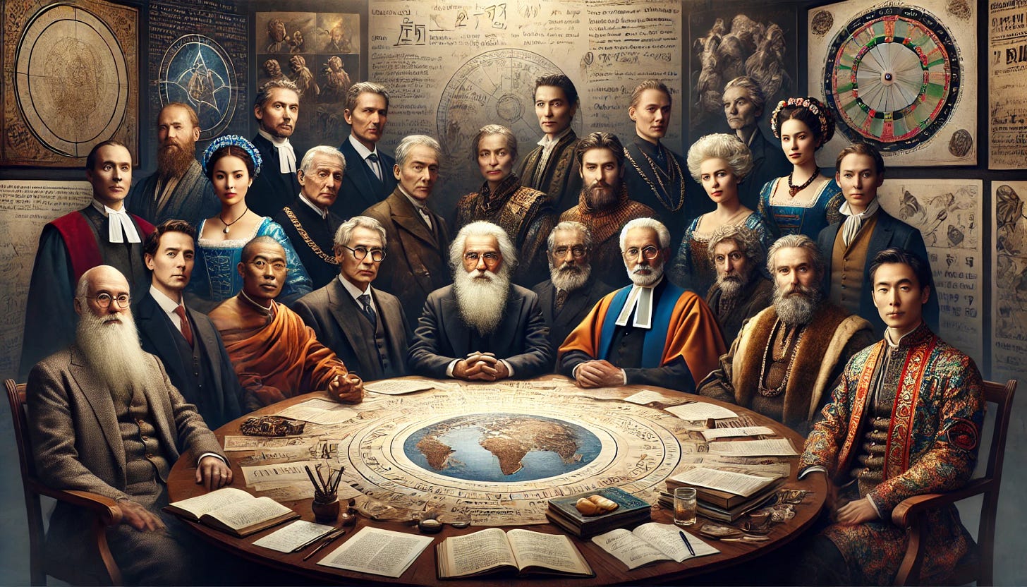 A group portrait of world leaders from diverse cultures and historical eras, gathered at a symbolic round table or forum. Each leader has distinct features and attire reflecting their cultural background and time period. Replace the background notes with images of historical artifacts, maps, or scientific formulas, giving a sense of intellectual depth. The table in front of the leaders has notes, books, and writing materials, adding to the scholarly and thoughtful atmosphere. The lighting remains soft and warm, creating a timeless and wise ambiance for the setting.