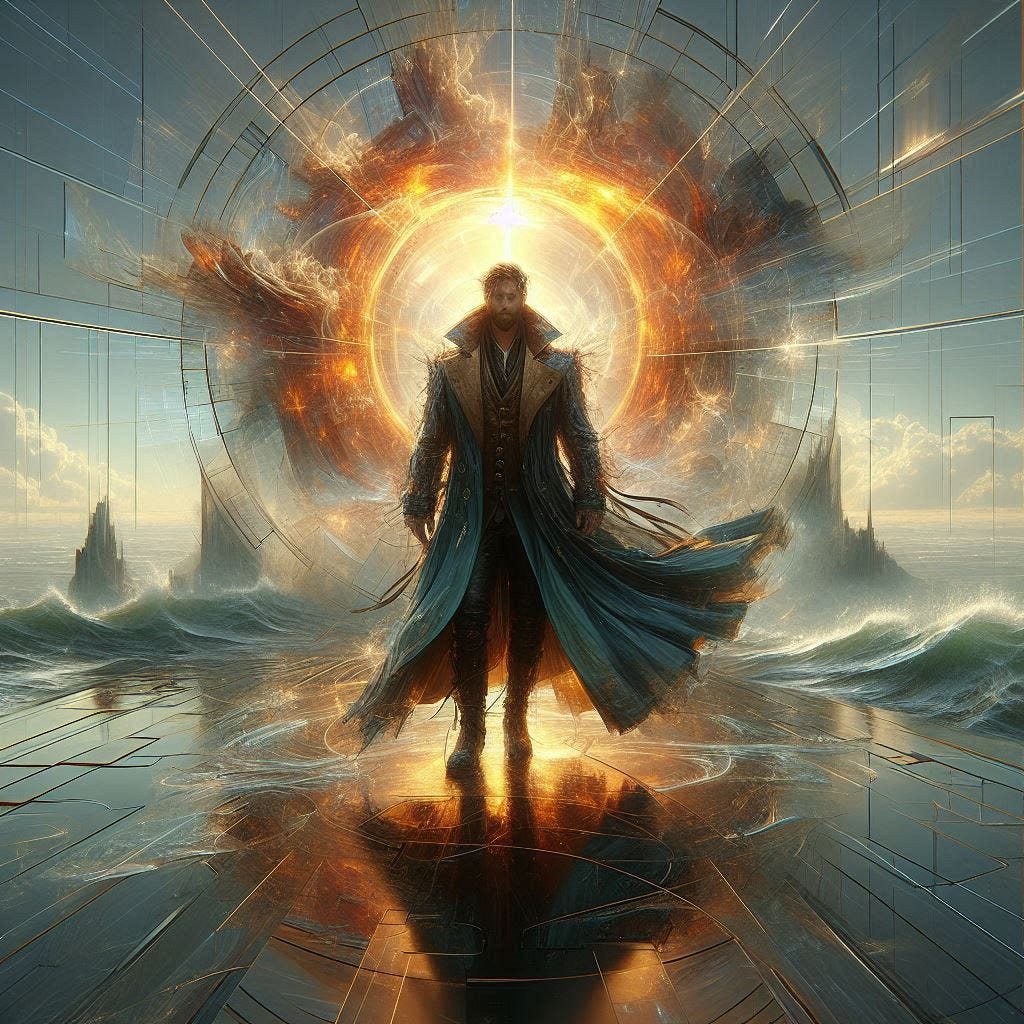 resinsolar flares inside glass structure; tiltshift /Broken into fragments/ pieces/ 5d angled glass embedded /beautiful, heroic, strong handsom man/ velvet bluegreen long coat/ black leather boots. water in resin/ ; he is at Monks mound at Cahokia / amber cream,tsunami full of fire/ reverberating waves. black hole in floor/ water in resin verdigris/ In the style of Michael Parkes. black etching/ black linework/ daytime sky/fluffy clouds 