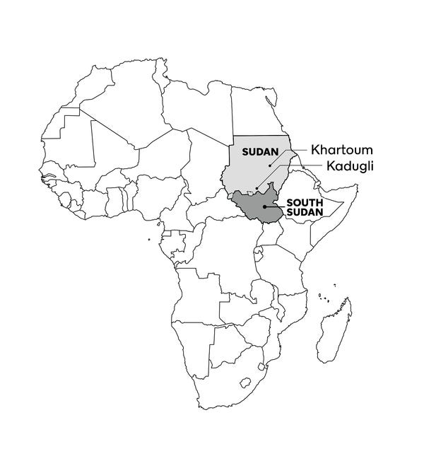 A map of Africa showing where Sudan, South Sudan, Khartoum and Kadugli are located.