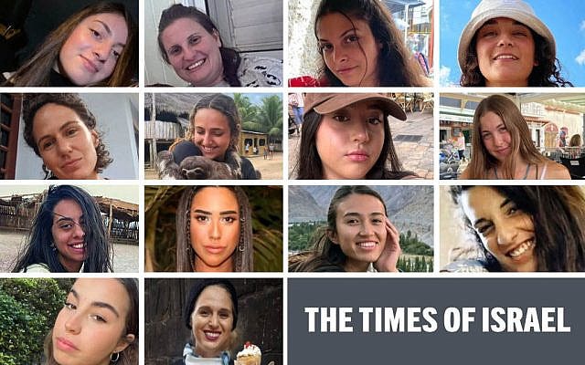 Karina Ariev, Shiri Bibas, Daniella Gilboa, Emily Damari, Carmel Gat, Romi Gonen, Liri Albag, Naama Levy, Eden Yerushalmi, Amit Buskila, Noa Argamani, Arbel Yehud, Agam Berger, Doron Steinbrecher. (courtesy)