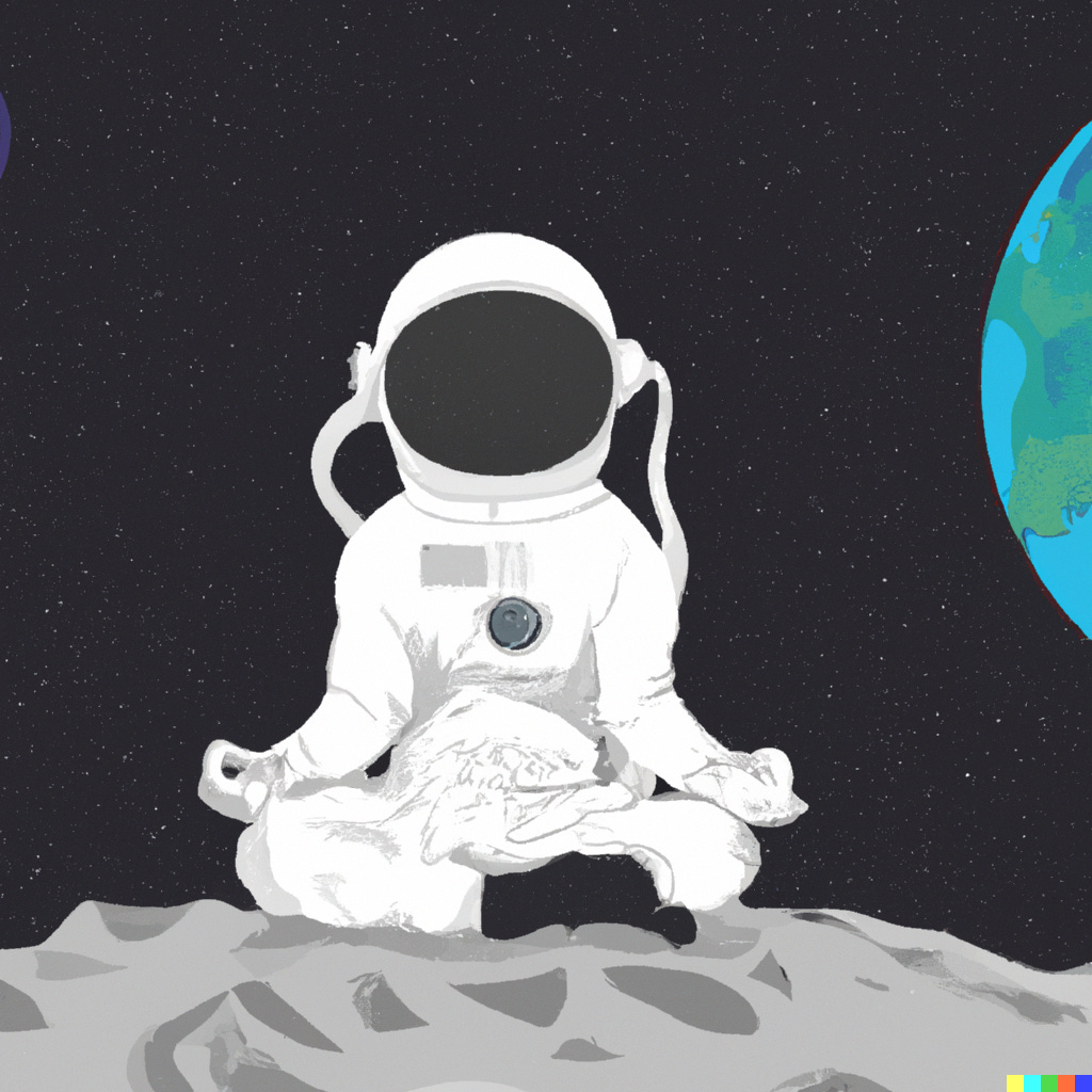 an astronaut meditating on the moon with Earth in the background in the style of vaporware