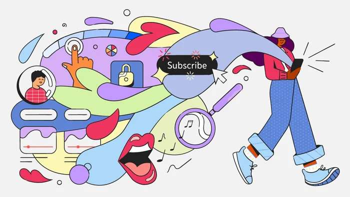 Animated image from YouTube blog of cartoon woman looking at her phone announcing animated “like and subscribe” feature. Center of image says “subscribe” with stars around it