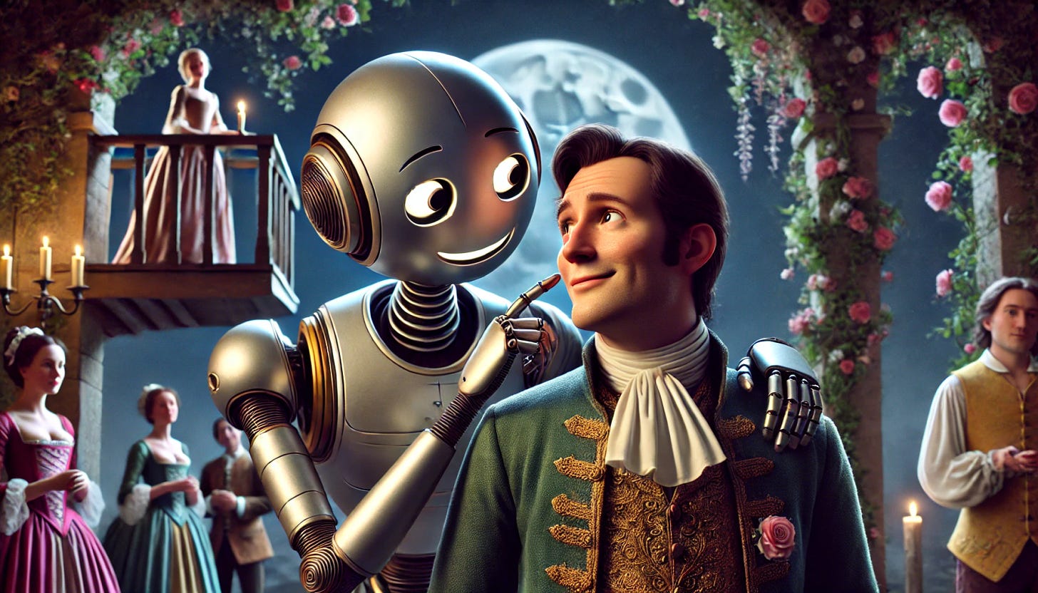 A whimsical and romantic scene where a friendly humanoid robot with a very large, exaggerated nose, softly glowing metallic skin, and a kind smile leans towards a man dressed in 17th-century historical attire. The robot is whispering advice into the man's ear. The man looks nervously at a woman standing on a balcony above, wearing elegant period clothing. The setting is a moonlit courtyard with flowers and vines, blending futuristic elements (like the robot) with a classical, historical atmosphere. Both the robot and the man are distinctly visible in the composition, positioned close together with the focus on their interaction.