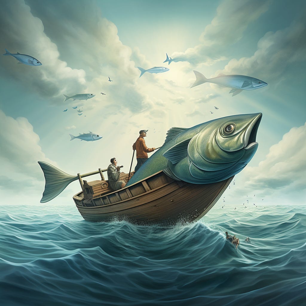 Men in a fishing boat with flying fish - art work for Andrew Kooman's Things I Wrote Down