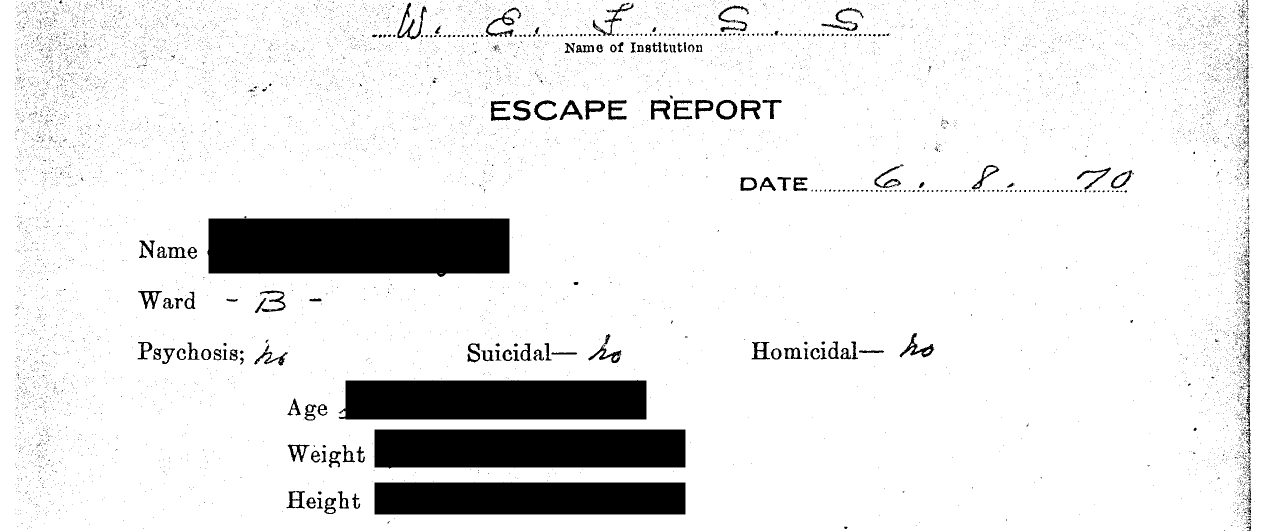 A form reading "Escape Report" with fields for name, ward, psychosis, suicidality, potential to commit homicide, age, weight, height, etc.