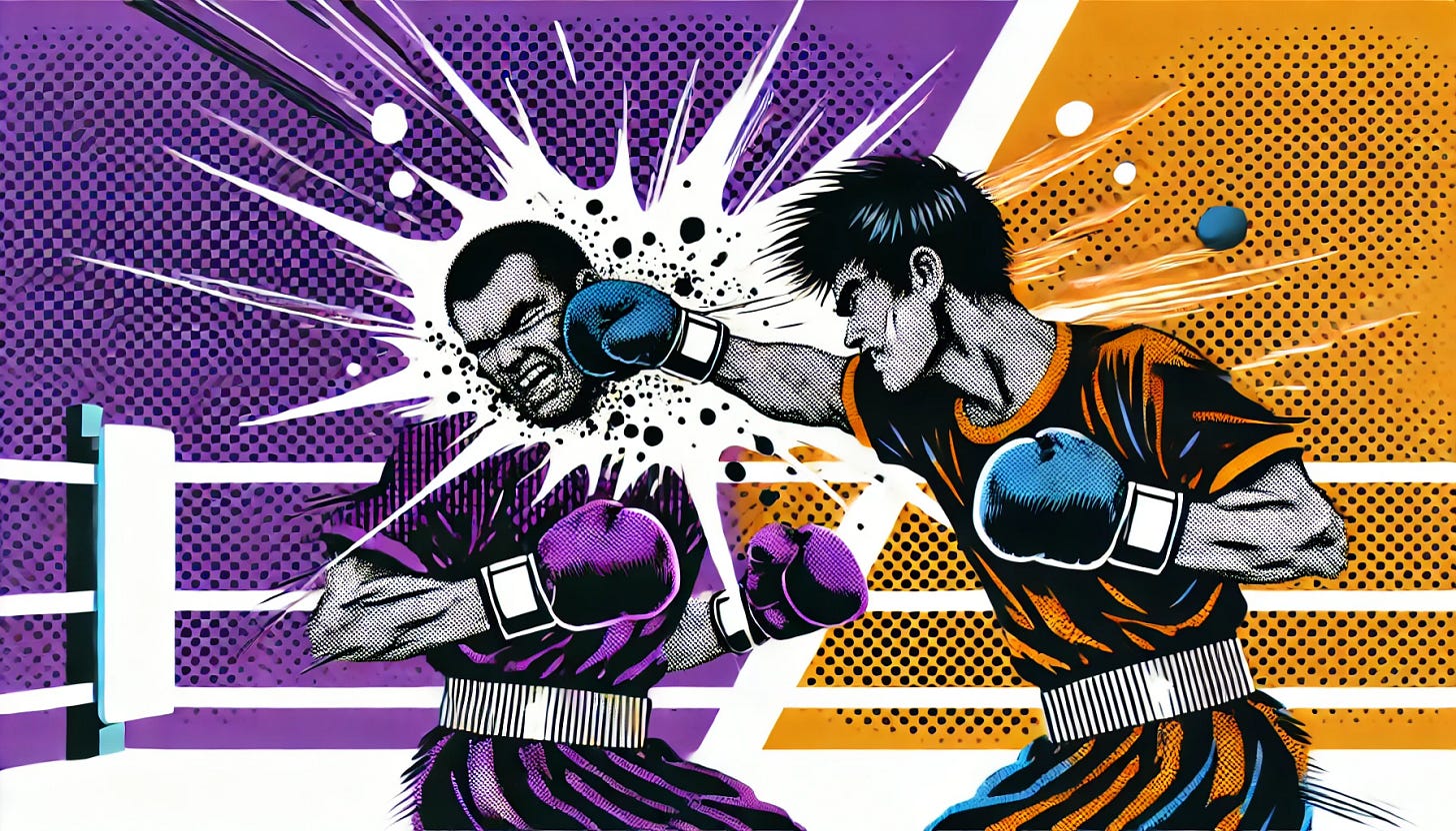 A pop art style illustration depicting a close-up view of two boxers in a boxing ring simultaneously punching each other in the face. The scene captures the dynamic action and intensity of the moment, with exaggerated expressions and impact effects. The color palette is restricted to bright purple, bright orange, black, and white, with a white background. The illustration is clean and minimal while emphasizing the dramatic and energetic clash.