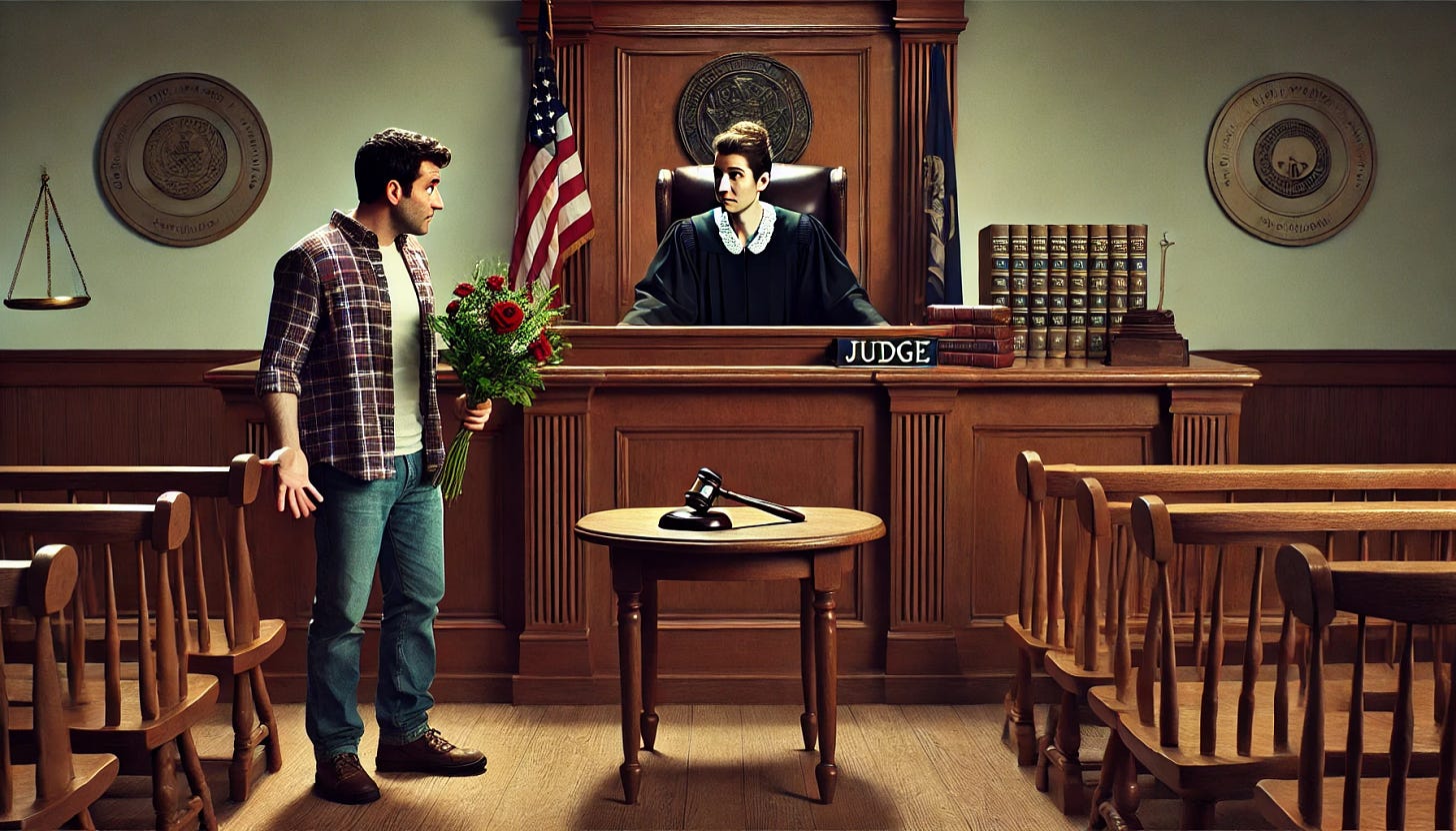 A widescreen image depicting a unique first date in a courtroom. The scene shows a nervous man, wearing a casual outfit, trying to impress a woman seated at a judge's bench. The woman, a stern judge, is wearing a traditional judge's robe and has a focused, serious expression. The courtroom setting includes wooden benches, a gavel, legal books, and a large American flag in the background. The man holds a bouquet of flowers awkwardly, looking unsure, while the judge glances at him with a mix of curiosity and authority. The atmosphere is a blend of humor and tension.