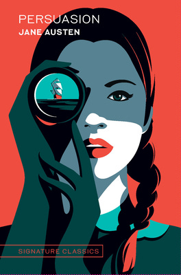 red book cover with a woman looking out a telescope. title says persuasion by jane austen