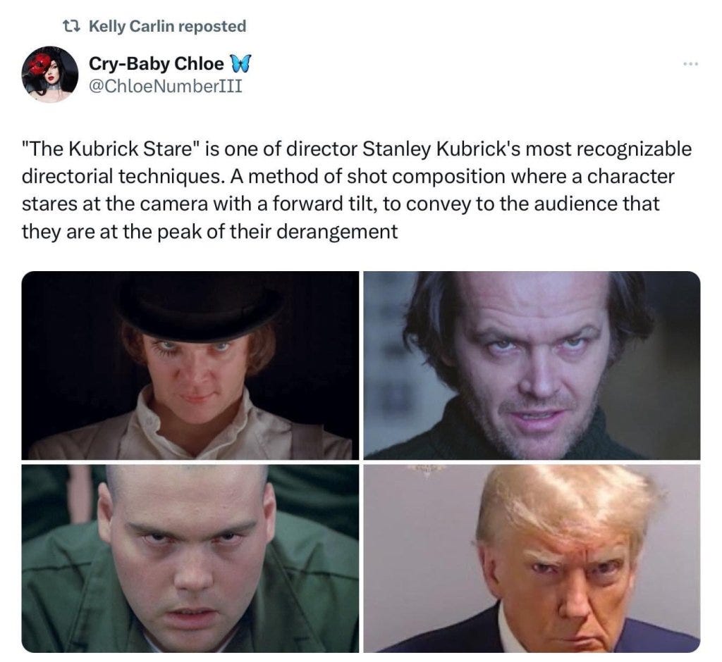 Trump's mugshot is put along side images of Stanley Kubrick's characters staring into the camera