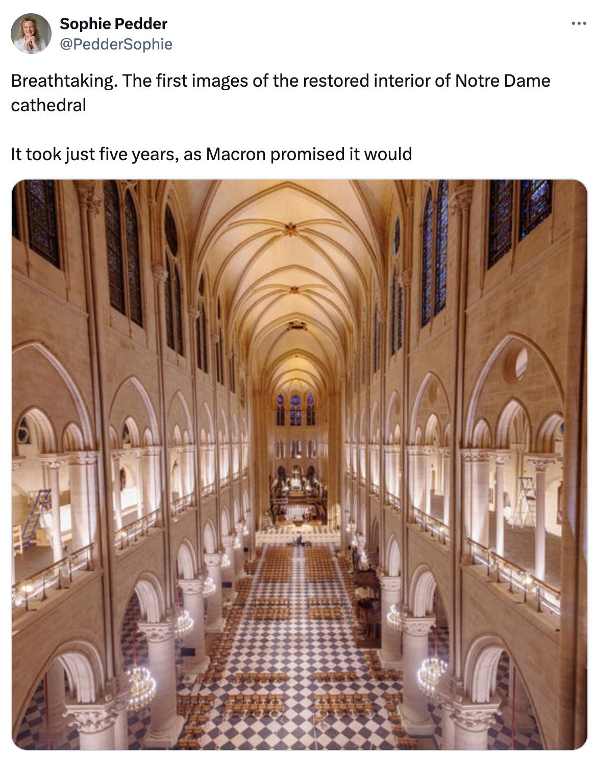   See new posts Conversation Sophie Pedder @PedderSophie Breathtaking. The first images of the restored interior of Notre Dame cathedral  It took just five years, as Macron promised it would