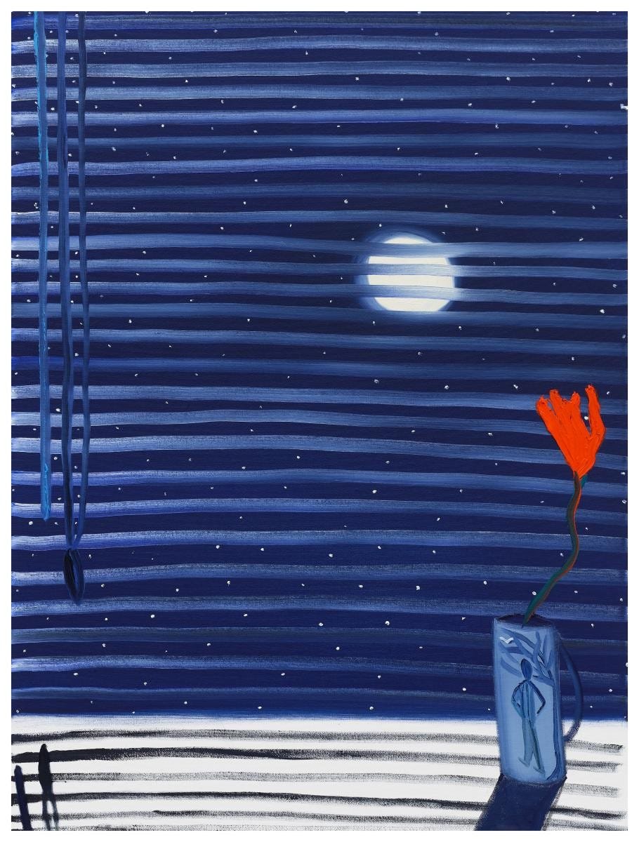 Painting of one red flower on windowsill against the night sky