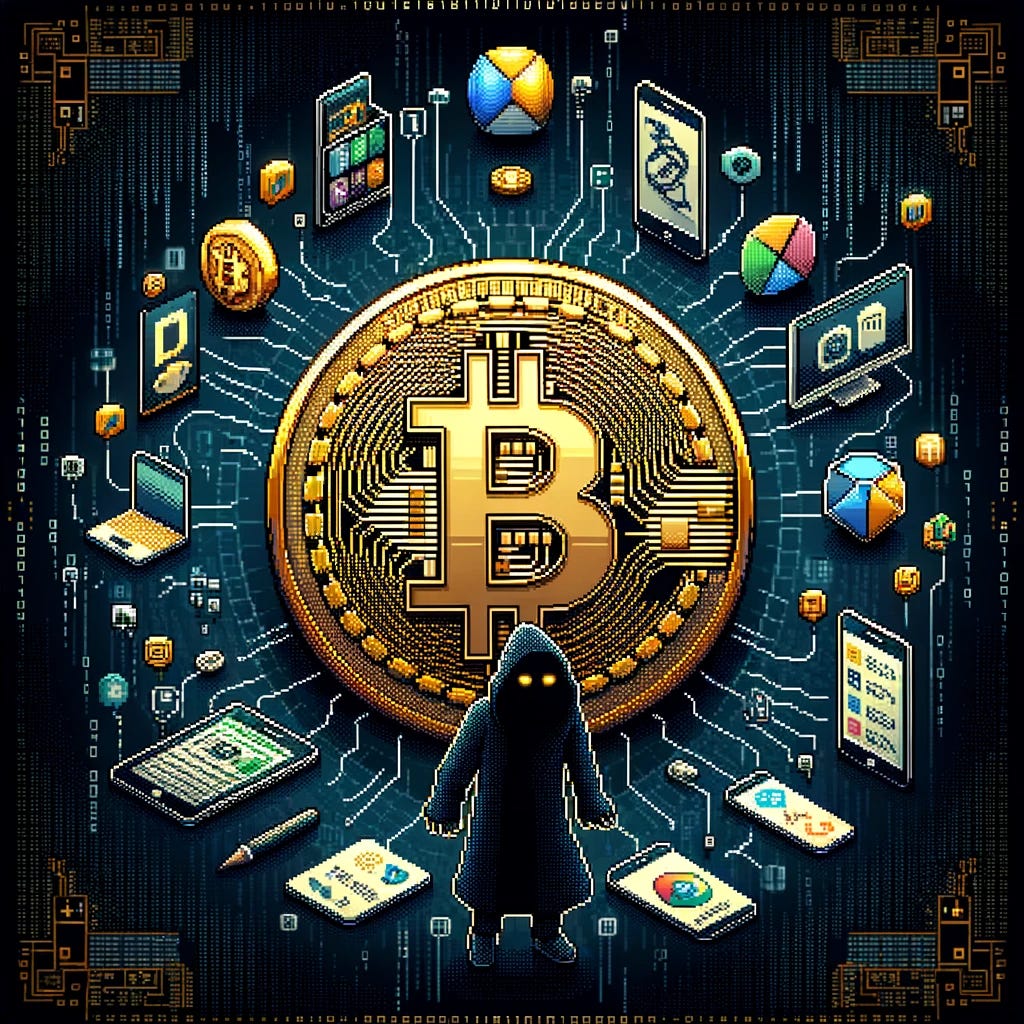 Create a detailed pixel art scene featuring a large, golden Bitcoin symbol at the center. Surrounding the Bitcoin, include a shadowy figure representing a hacker, cloaked in darkness but with the glow of a computer screen illuminating their face. This hacker should be surrounded by floating mobile apps icons, representing various social media, finance, and security applications. The apps should be easily recognizable by their logos or functions, depicted in a pixelated style to match the overall theme. The background should be a digital landscape, suggesting a virtual space, with binary code subtly integrated into the design to enhance the digital atmosphere.