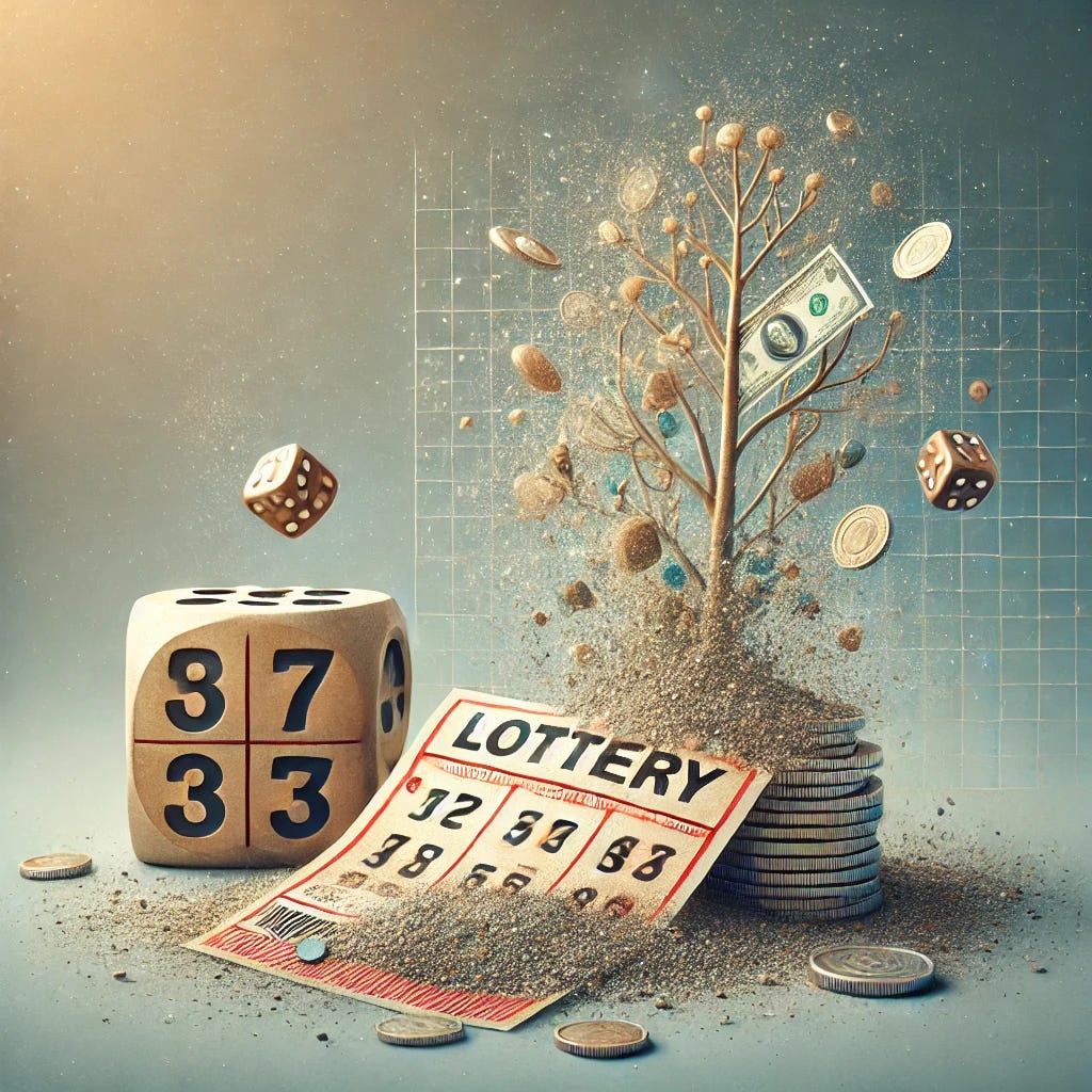 A symbolic image for a financial blog post titled 'Why You Shouldn't Play the Lottery.' The image features a lottery ticket crumbling into dust, symbolizing lost money, alongside a visual representation of investment growth like a growing tree made of coins. The background is clean and professional with a slight gradient, suitable for a blog. Include subtle elements of chance, like dice or a roulette wheel, faded into the background to highlight the theme of gambling.