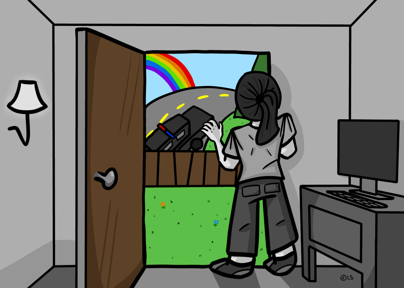 A drawing of Mary looking out the door of her colorless room onto the colorful world outside.