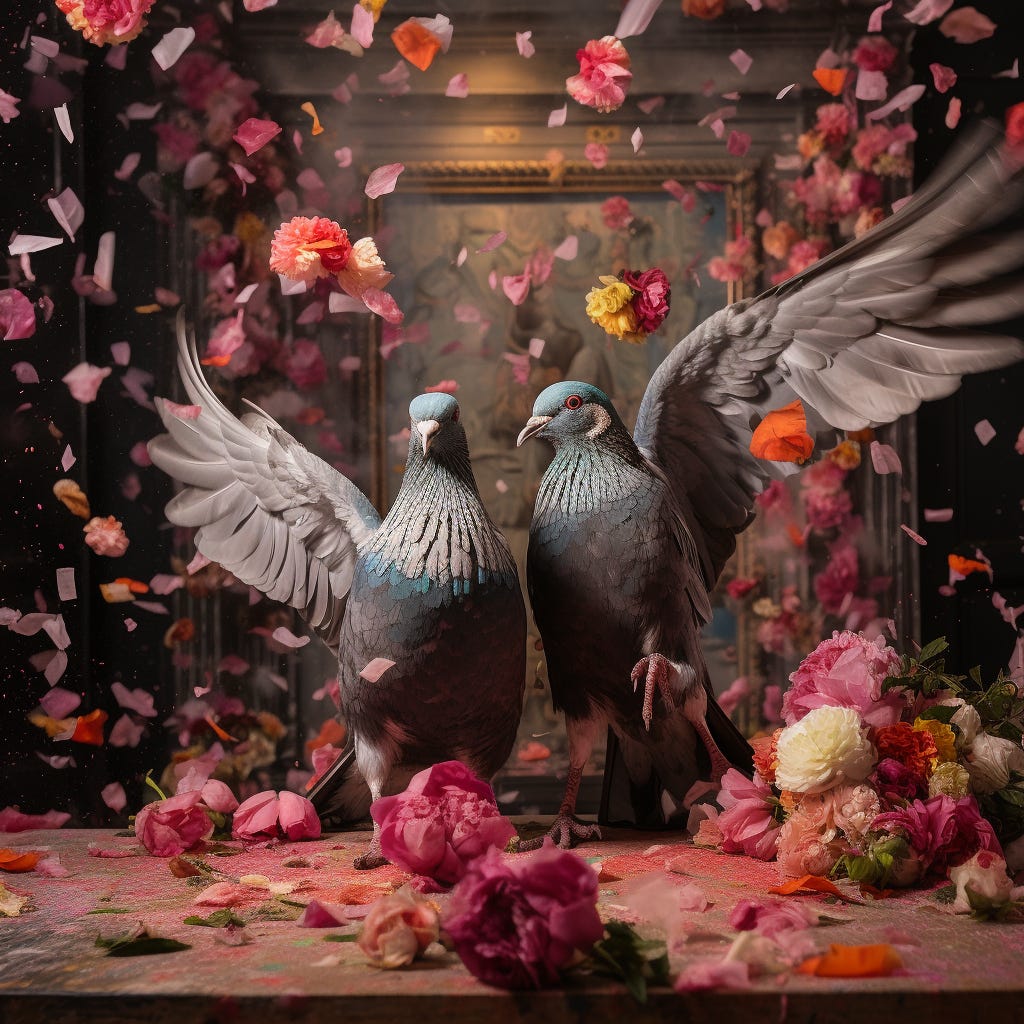 Pigeons being given flowers