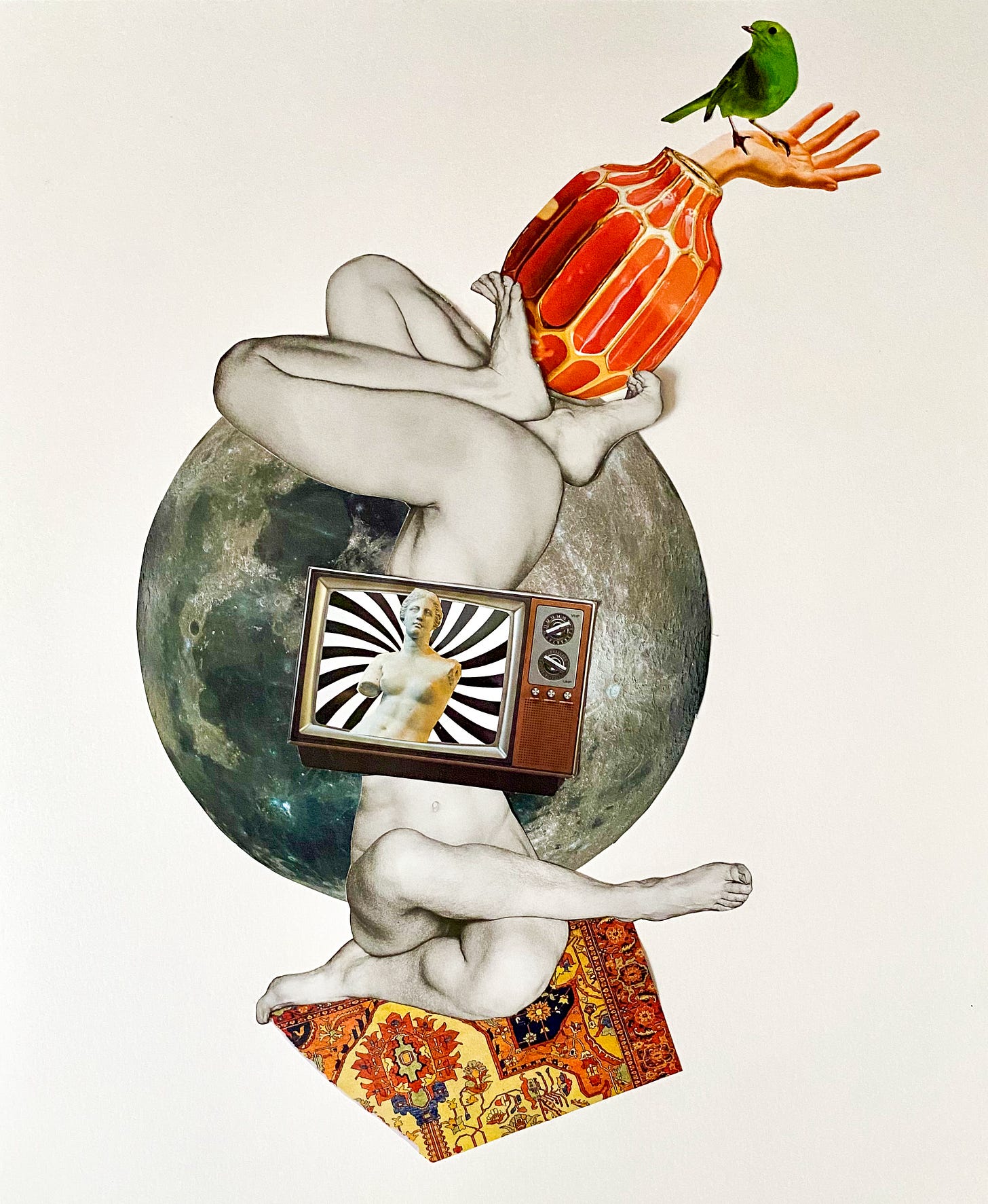 collage of women's body parts, moon, green bird, orange vase, and tv