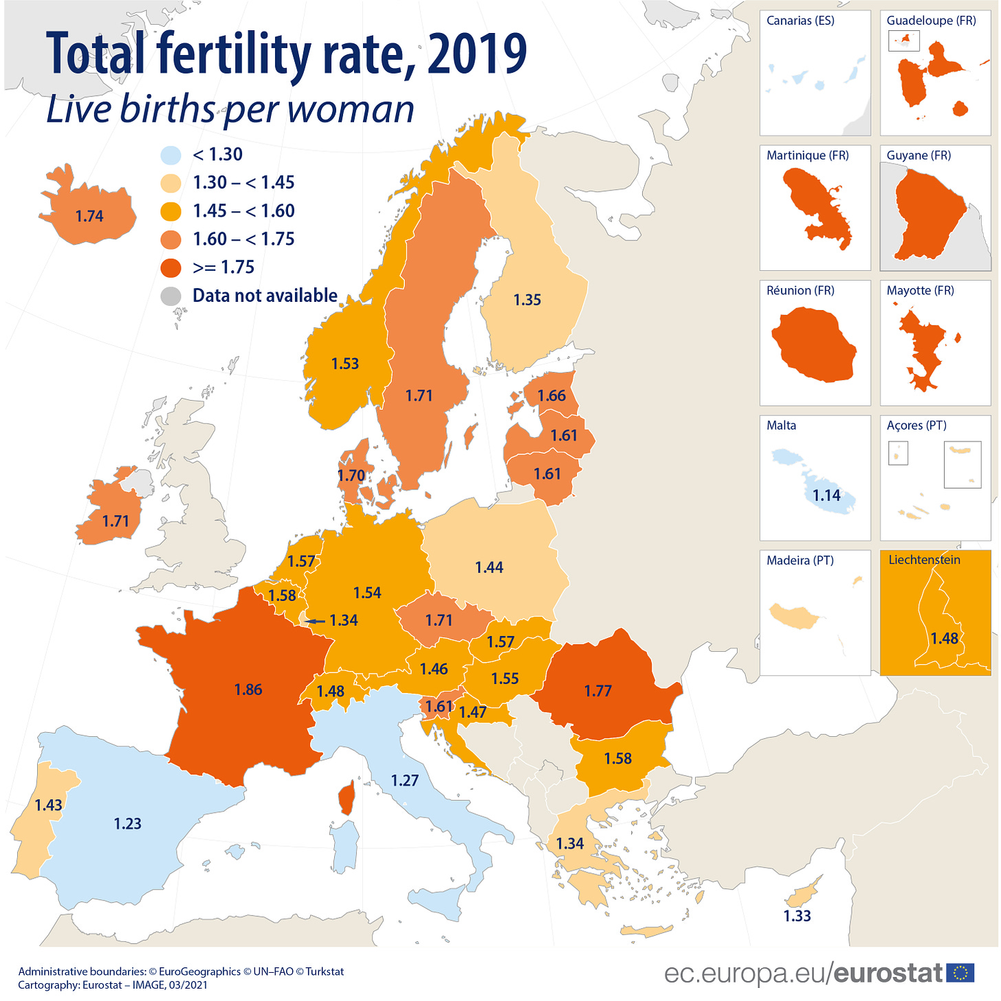 Total fertility rate per EU and EFTA country, 2019 data, map of Europe