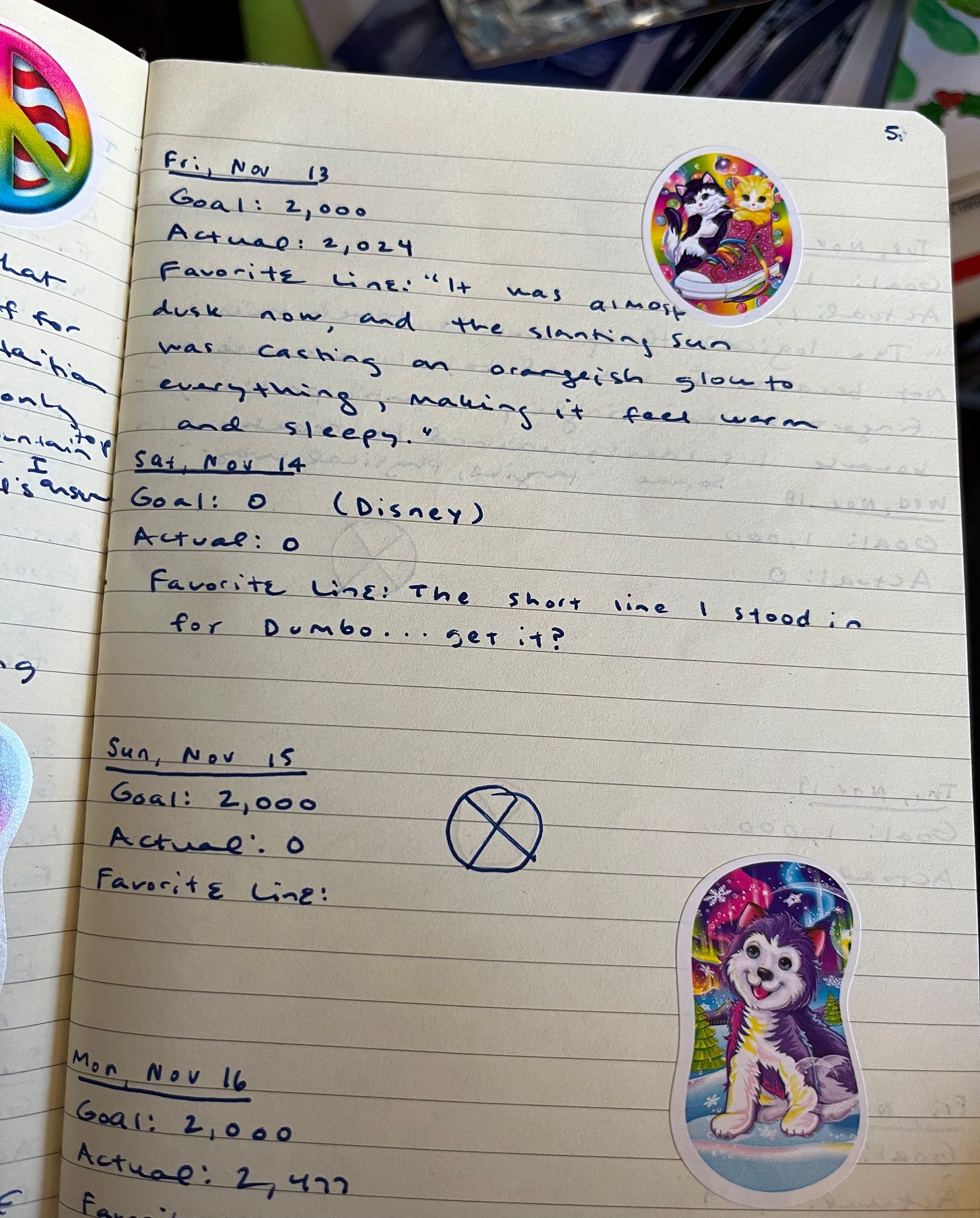 Photo of page of notebook that includes dates, goal word count, actual word count, and my favorite lines, along with some Lisa Frank stickers.