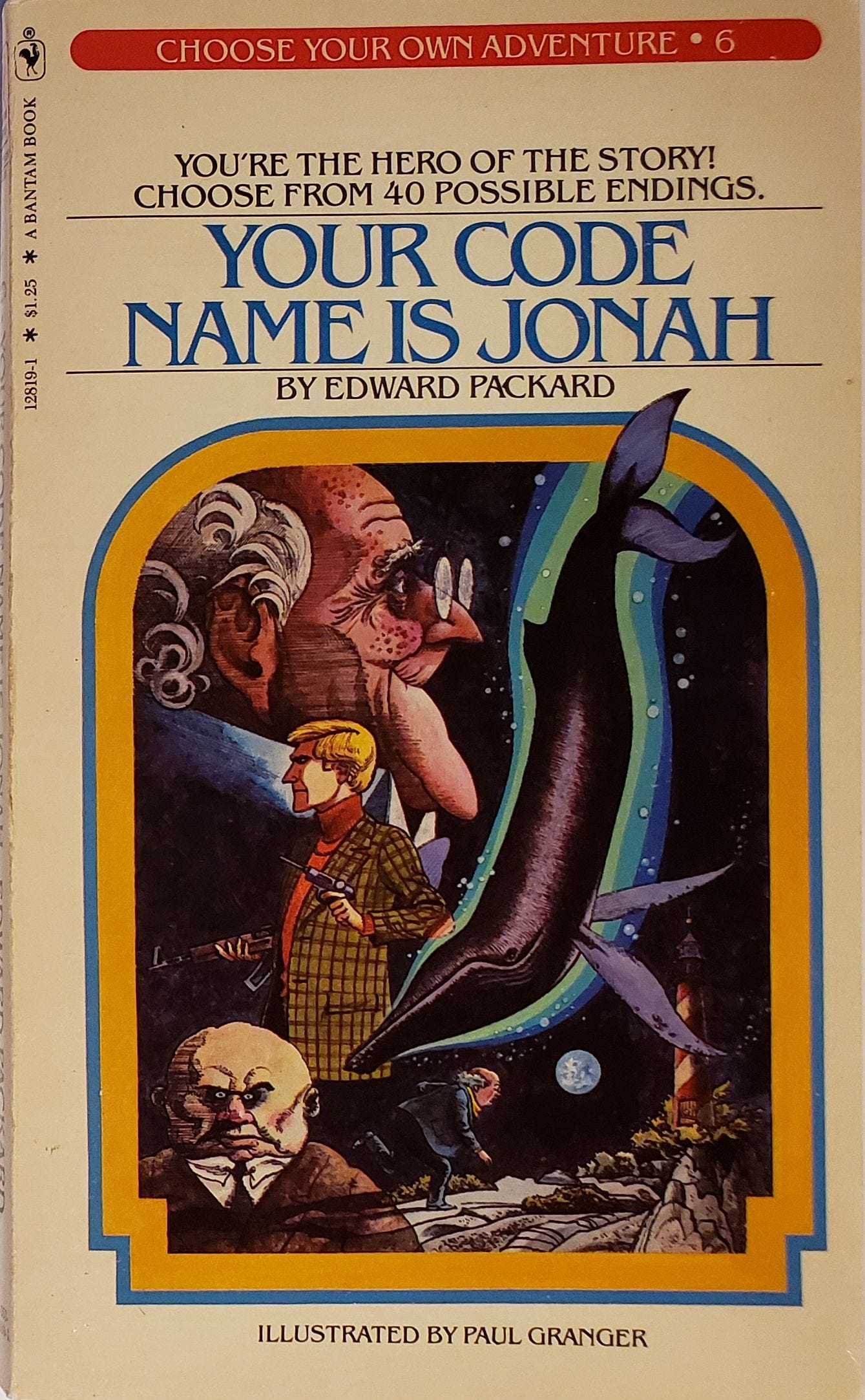 Cover of a Choose Your Own Adventure book titled Your Code Name is Jonah by Edward Packard. The illustration is a fantasy-type collage showing faces, a dolphin, a person approaching a lighthouse, and a dark sky with a moon