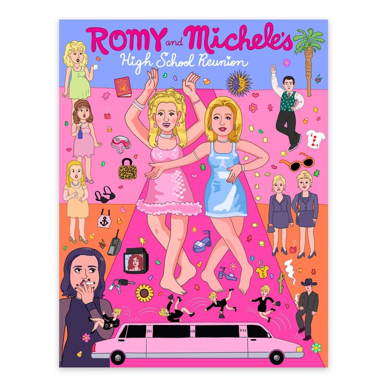Poster illustrated and designed by artist Sio Gallagher of Romy and Michele's High School Reunion, featuring illustrations of Romy and Michele in their final reunion dresses, the A group looking over at them in shock, lots of iconic outfits and props from the movie, etc. Poster illustrated and designed by artist Sio Gallagher of Romy and Michele's High School Reunion, featuring illustrations of Romy and Michele in their final reunion dresses, the A group looking over at them in shock, lots of iconic outfits and props from the movie, etc.