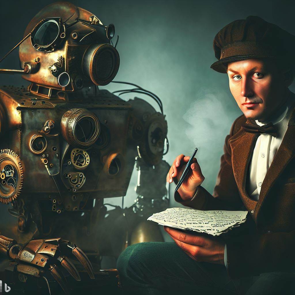 A steampunk man and robot writing a letter