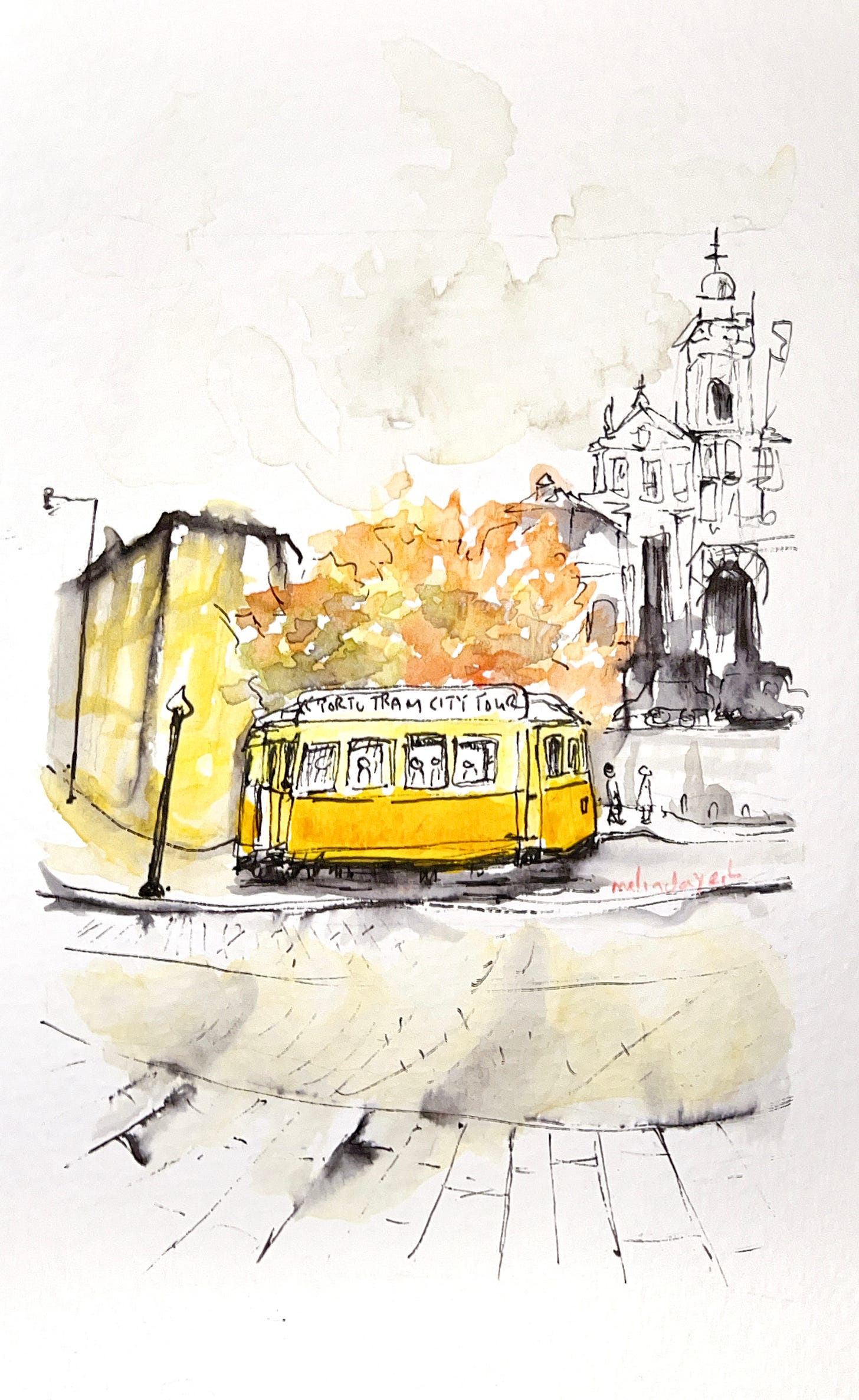 image: ink and watercolour drawing of a cheery yellow Porto tram flank by autumn trees, a muted yellow coloured building on the left and the St Francis church on the right.