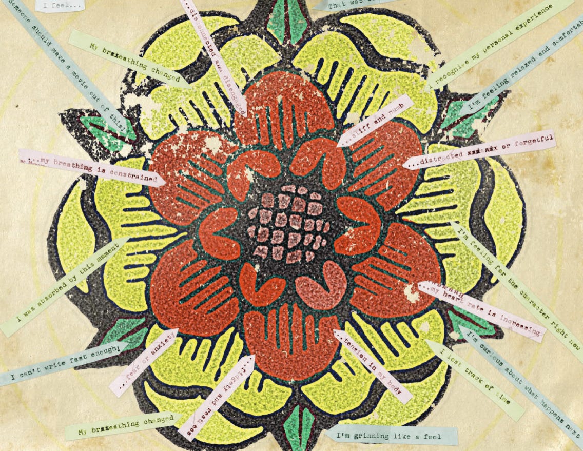 An image of a print flower--red, yellow petals with green leaves--and there are small paper arrows with typing on them pointing at the flower. things like "I can't write fast enough!" and "...stiff and numb" all answer the question in the top left, "I feel..."